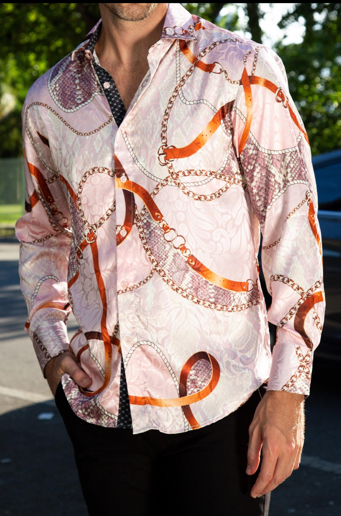 Bespoke Moda long sleeve button up dress shirt. Pink Baroque motif silk texture