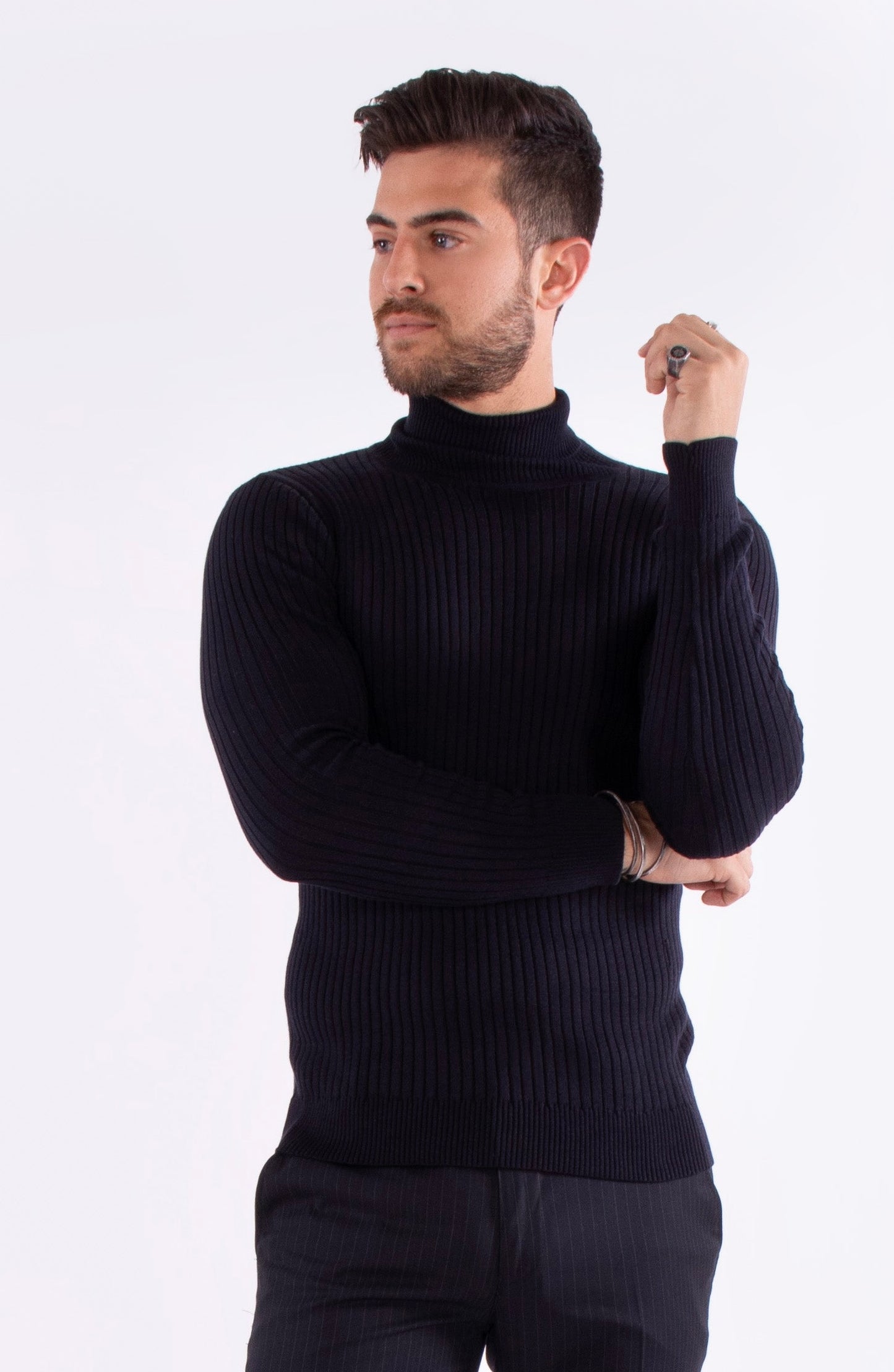 Bespoke turtleneck ribbed European slim fit sweater - Navy