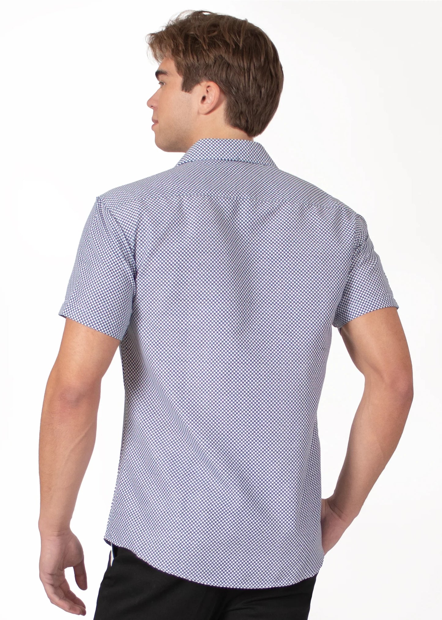 Bespoke bc collection button up dress shirt. Dot dash blue