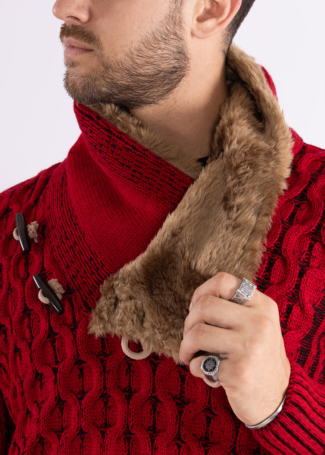 Bespoke faux fur lined collar herringbone slim fit sweater - Red