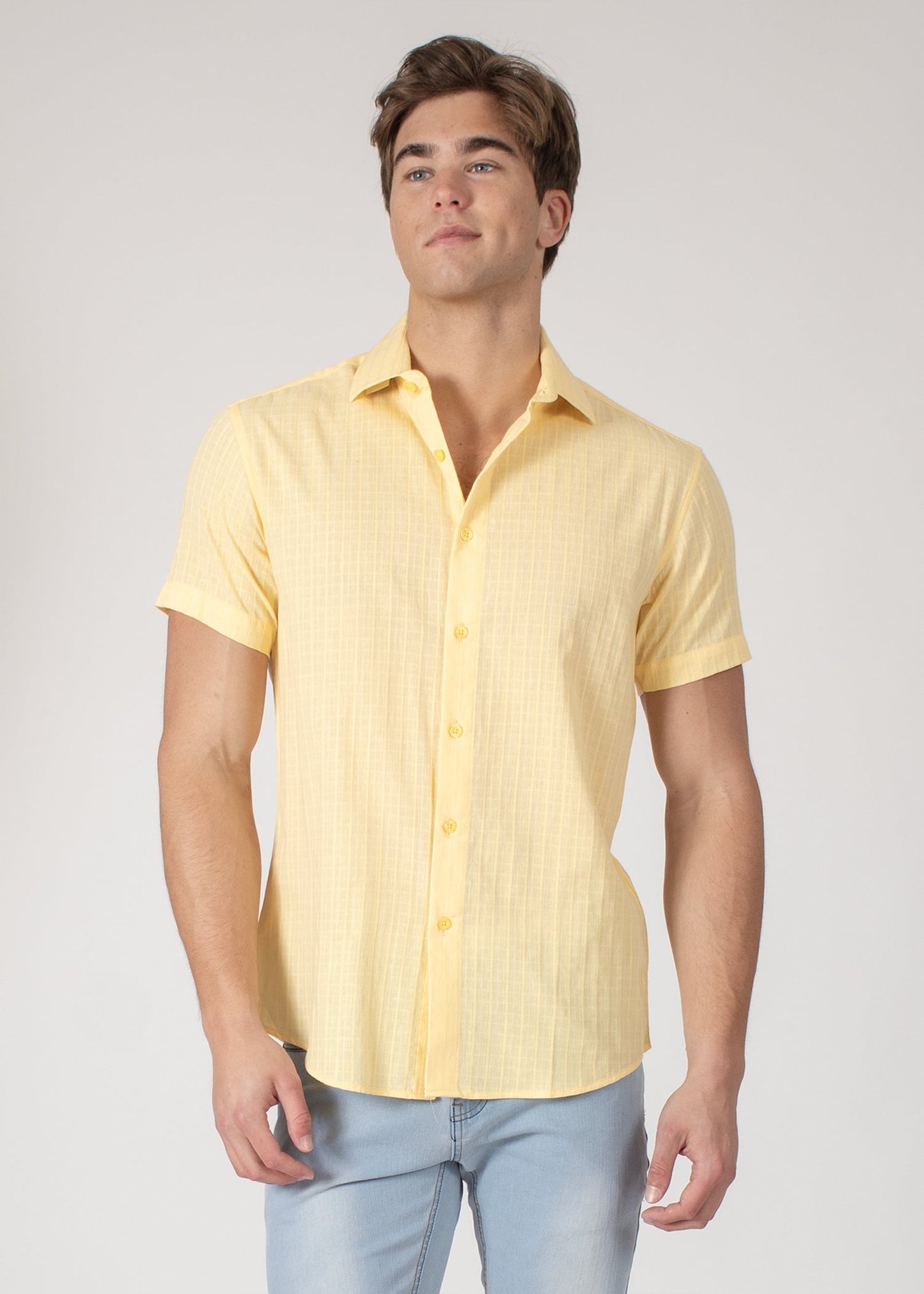 Bespoke short sleeve dress shirt. Soft stripes yellow
