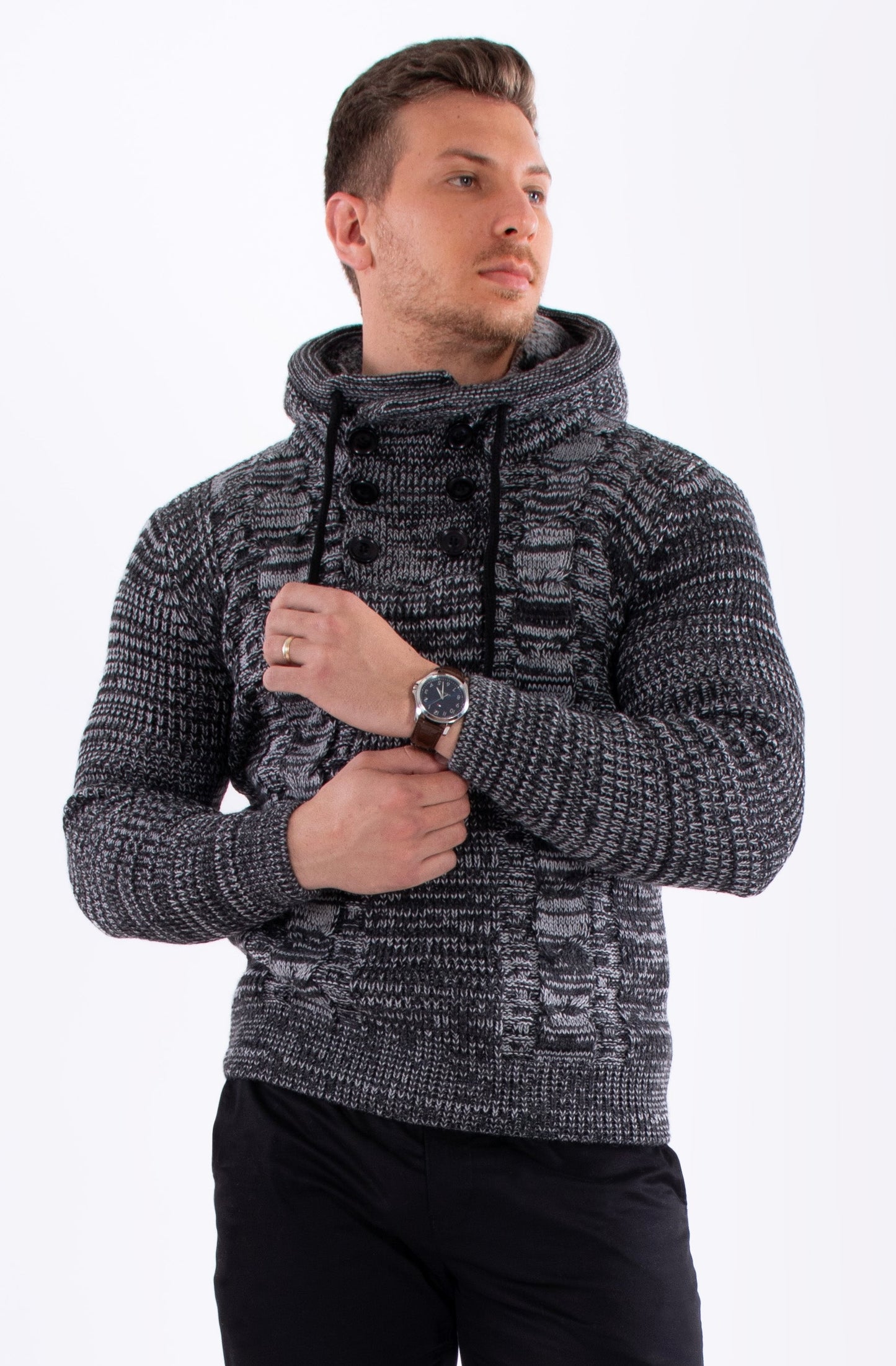 Bespoke Ribbed knit faux fur hooded pullover slim fit sweater - Black