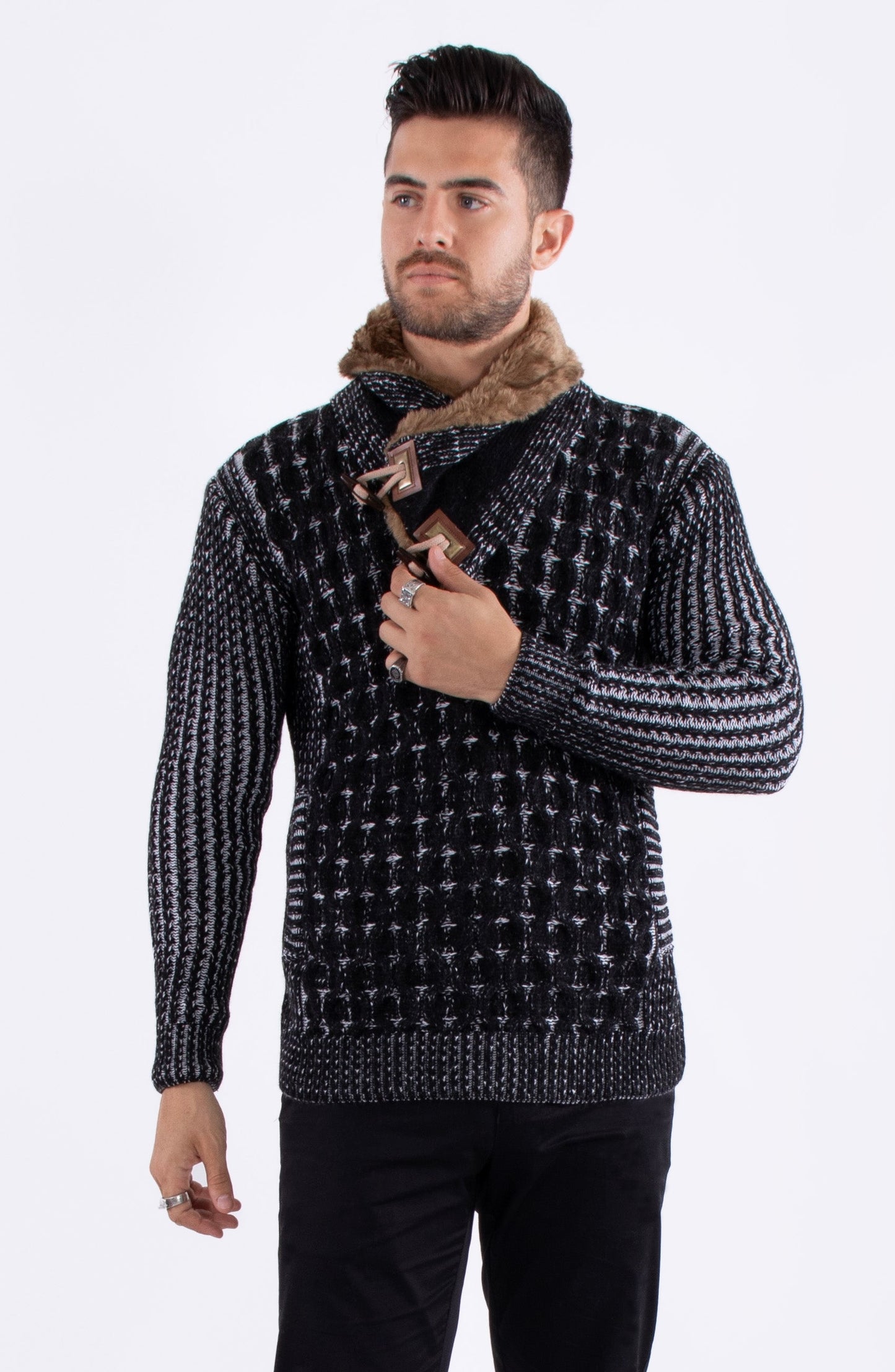 Bespoke faux fur lined collar herringbone slim fit sweater - Black