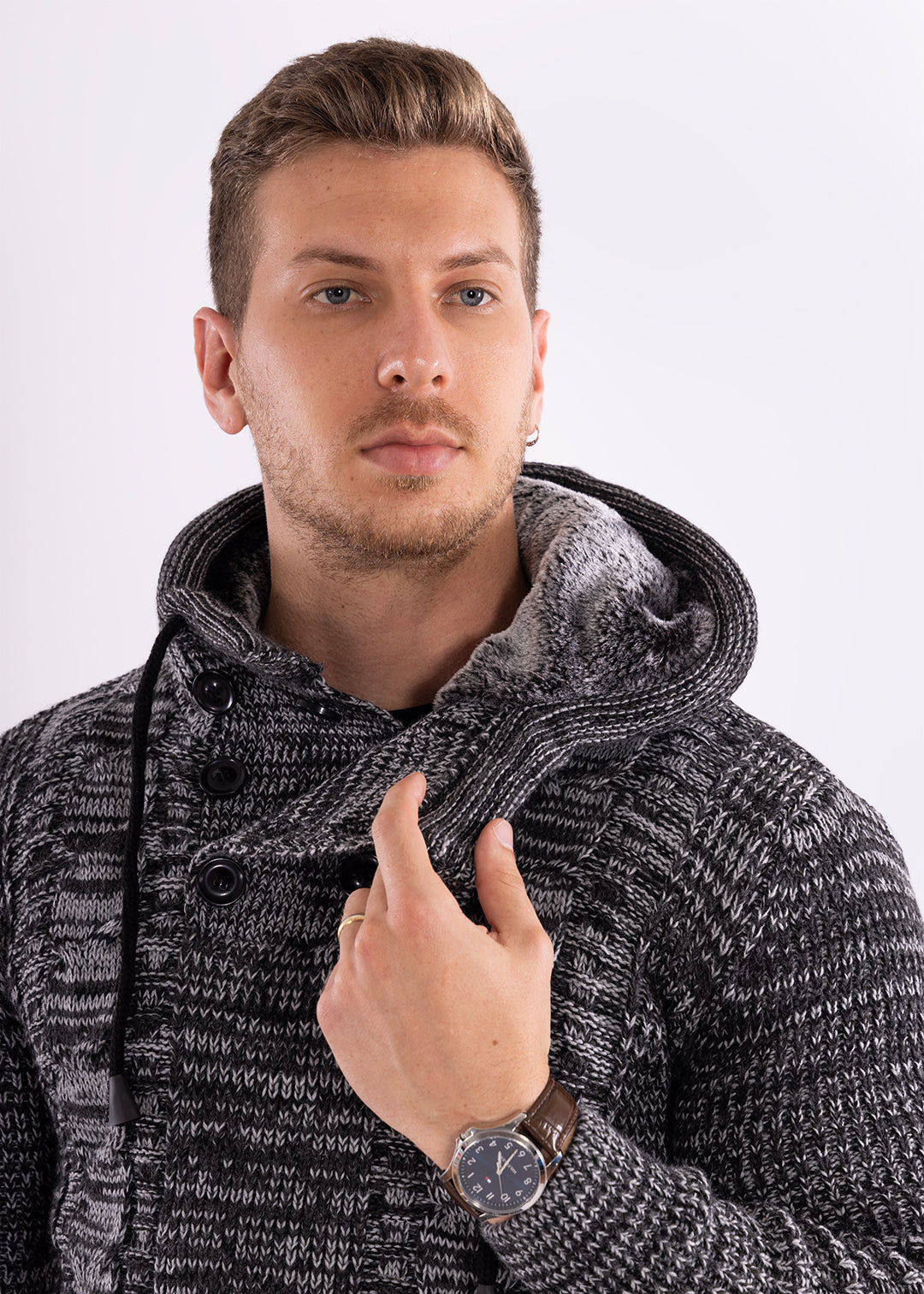 Bespoke Ribbed knit faux fur hooded pullover slim fit sweater - Black