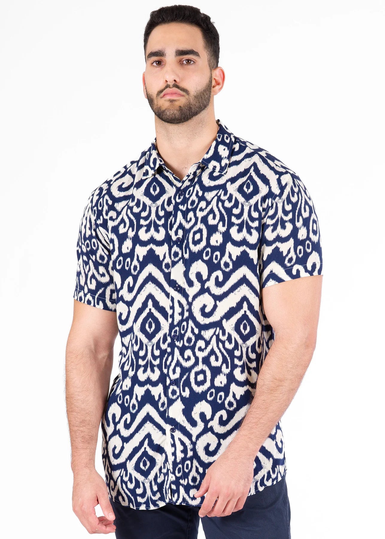 Bespoke short sleeve dress shirt. Abstract Navy