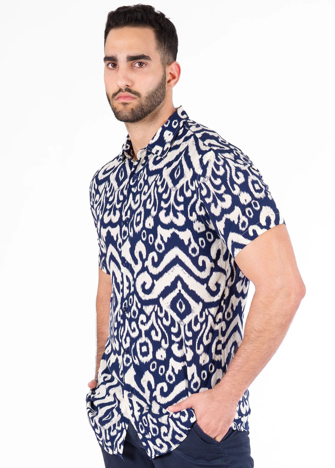Bespoke short sleeve dress shirt. Abstract Navy