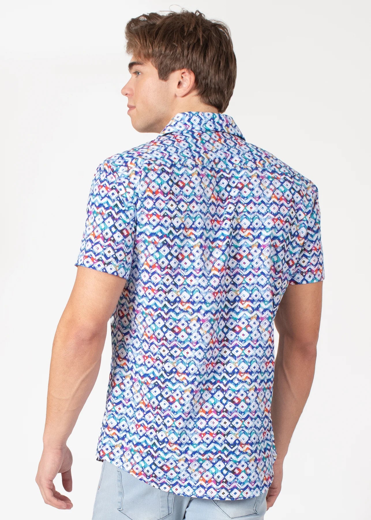 Bespoke short sleeve dress shirt. Geo print Blue