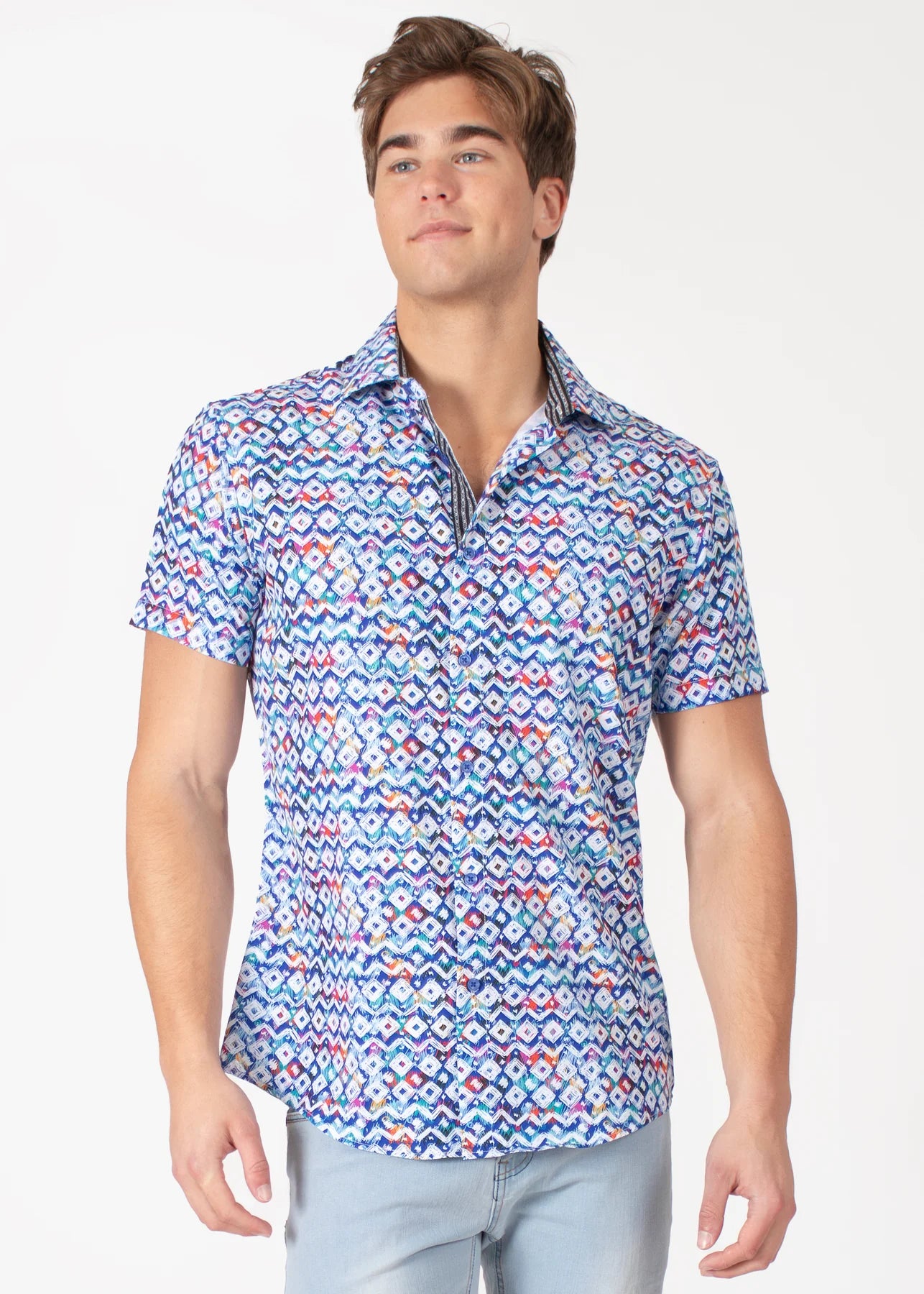 Bespoke short sleeve dress shirt. Geo print Blue