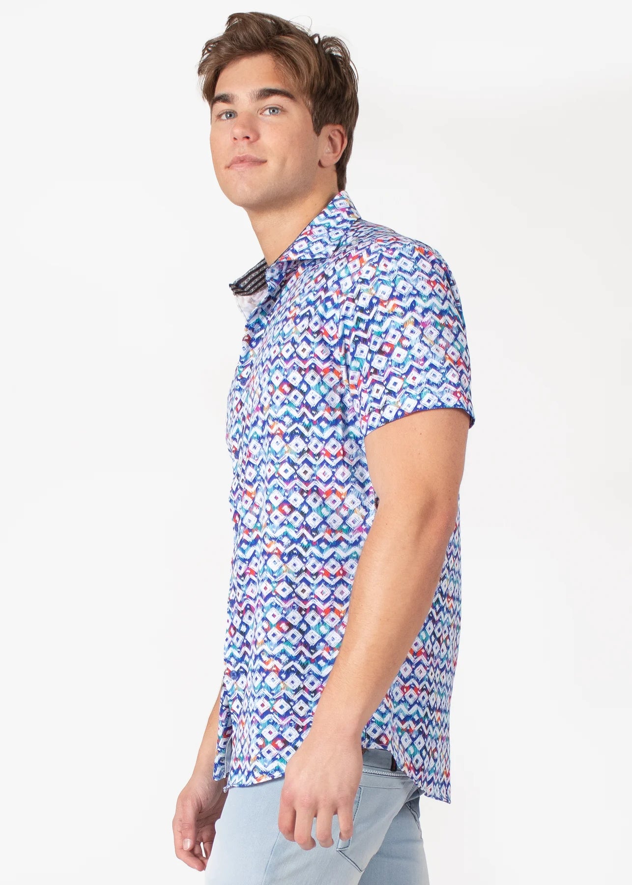 Bespoke short sleeve dress shirt. Geo print Blue