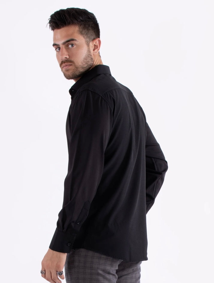 Bespoke Performance stretch fit long sleeve button up dress shirt. Black