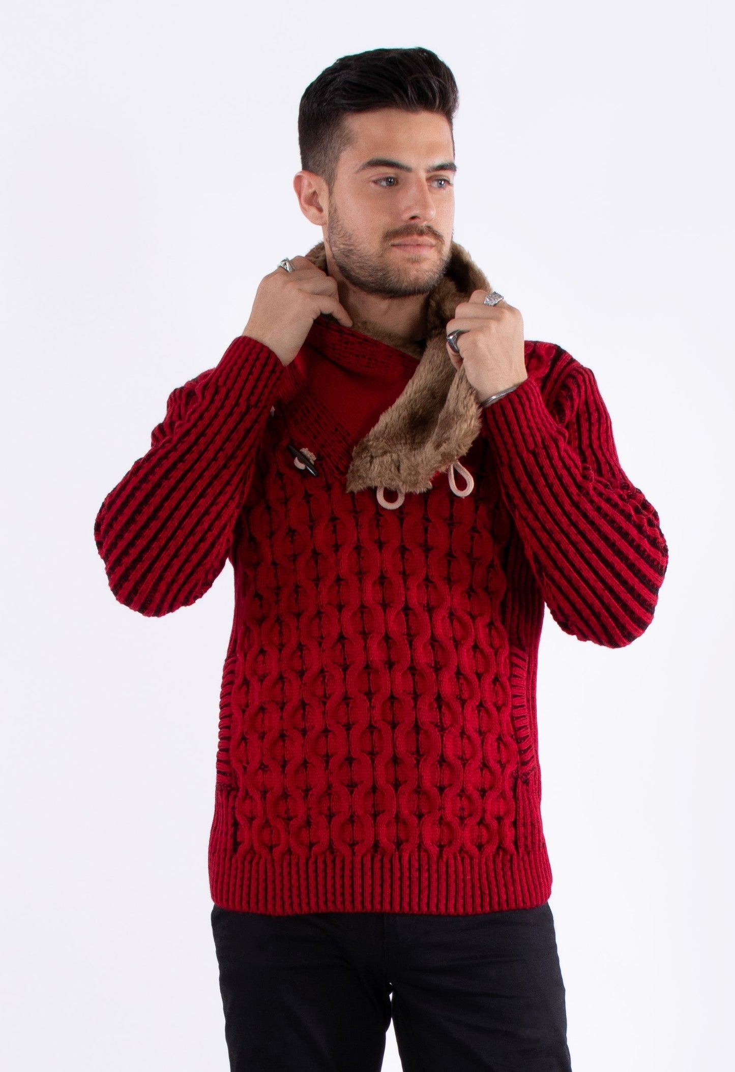Bespoke faux fur lined collar herringbone slim fit sweater - Red