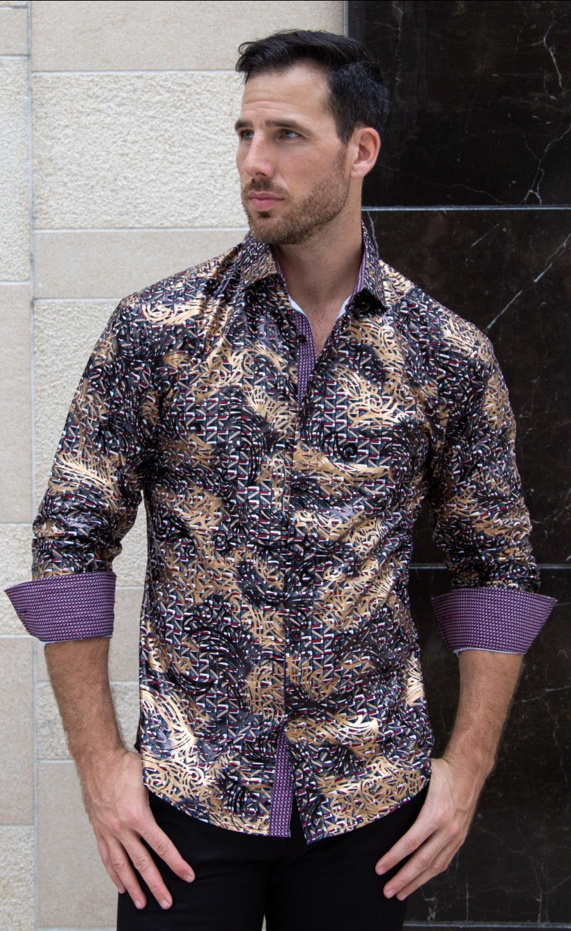 Bespoke Moda long sleeve button up dress shirt. Black metalic floral