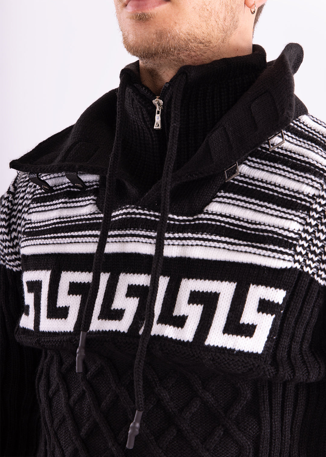 Bespoke zip collar cable knit greek key pullover slim fit sweater