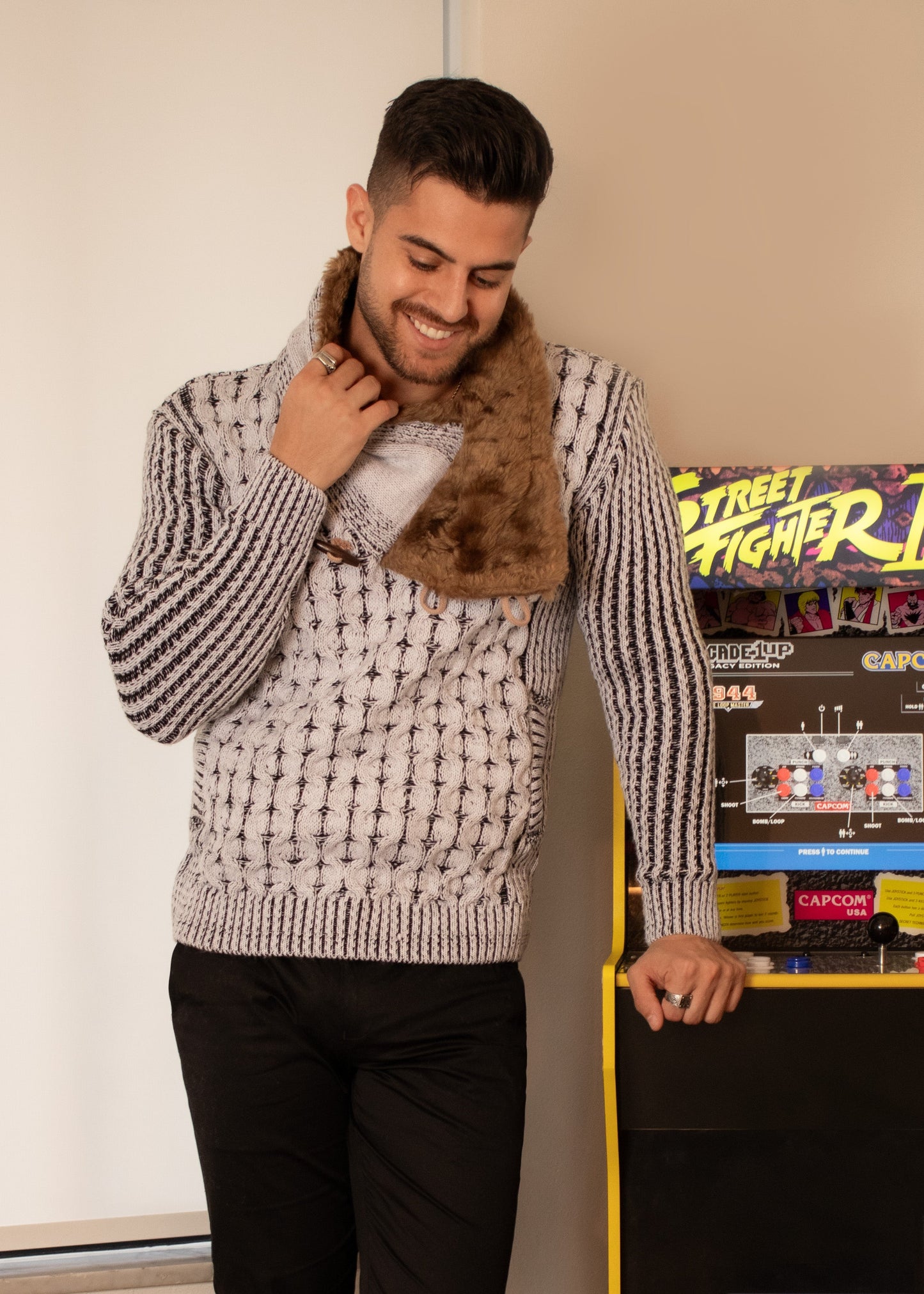 Bespoke faux fur lined collar herringbone slim fit sweater - White