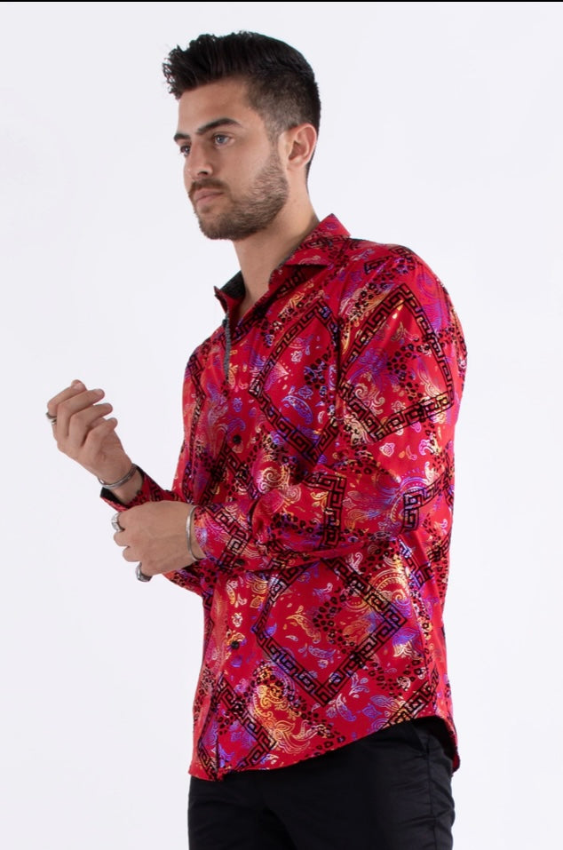 Bespoke Moda long sleeve button up dress dress shirt. Greek key red velvet accent