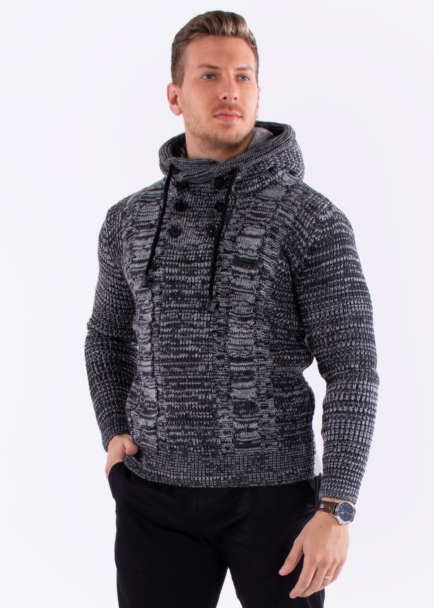 Bespoke Ribbed knit faux fur hooded pullover slim fit sweater - Black