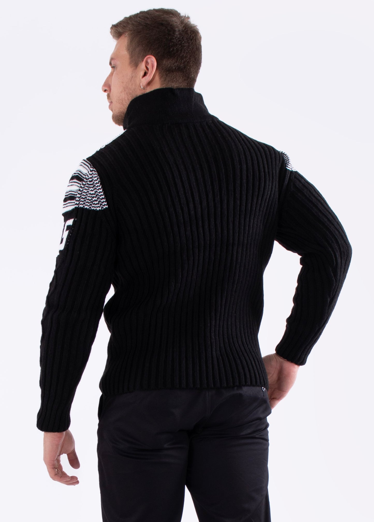 Bespoke zip collar cable knit greek key pullover slim fit sweater