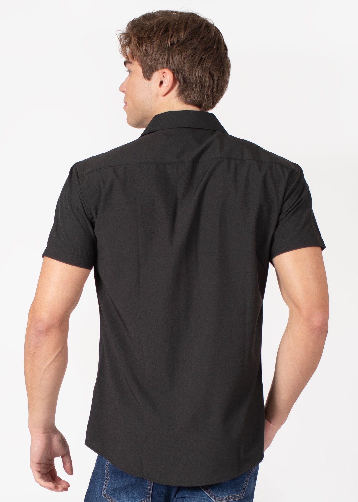 Bespoke short sleeve dress shirt. Textured collar Black