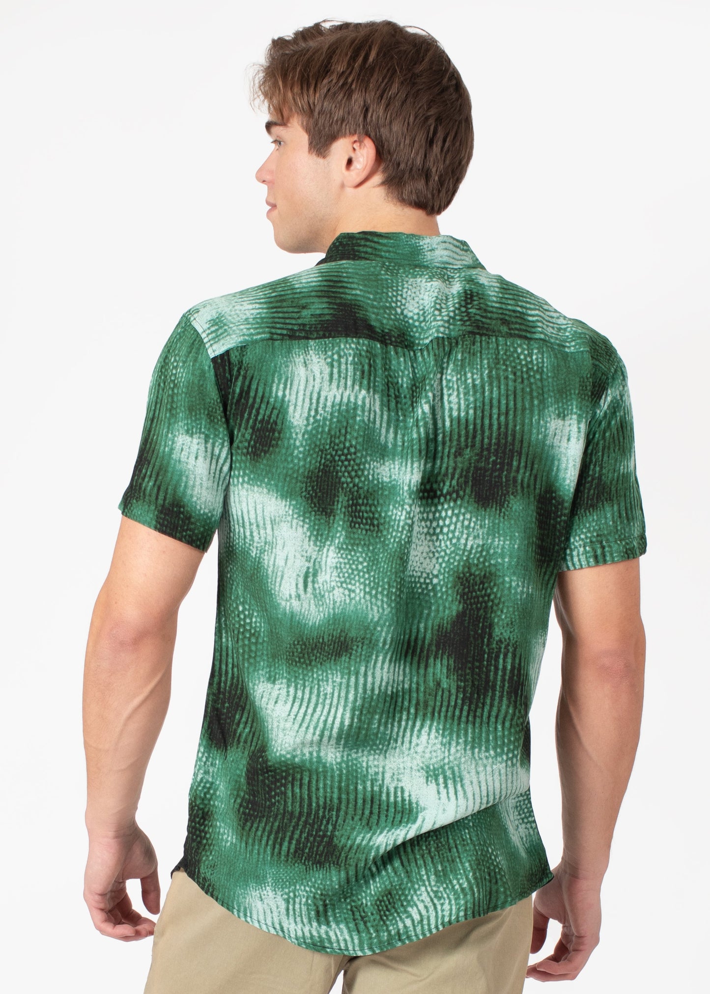Bespoke short sleeve dress shirt. Diffuse abstract green