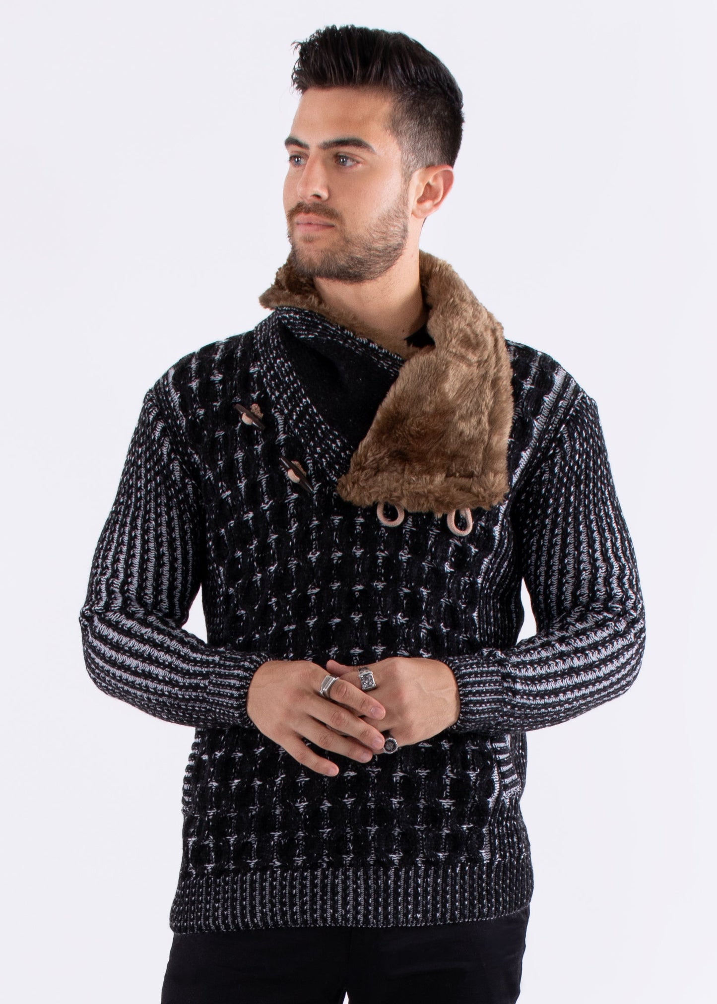 Bespoke faux fur lined collar herringbone slim fit sweater - Black