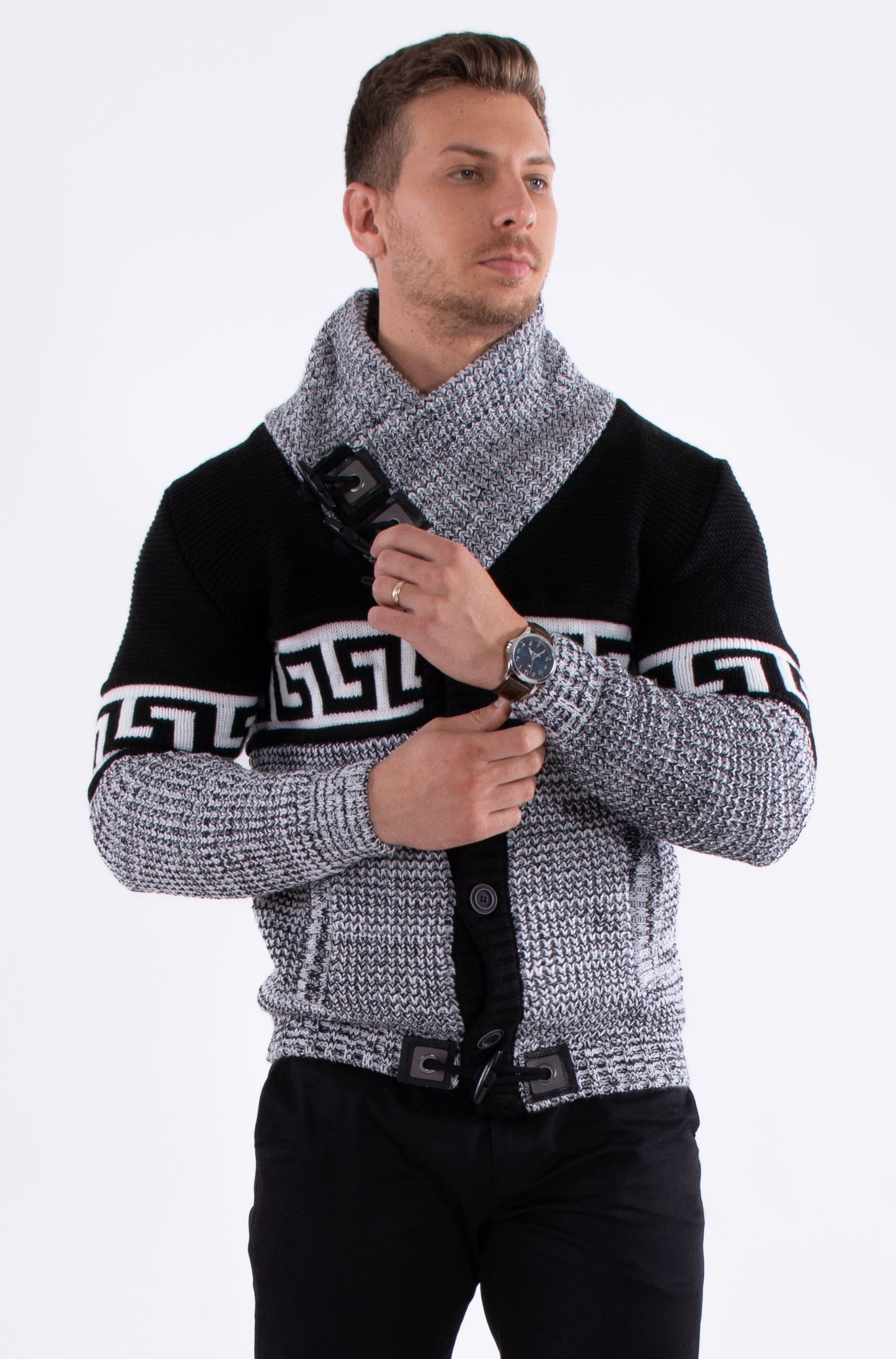Bespoke greek key button up slim fit sweater - Black