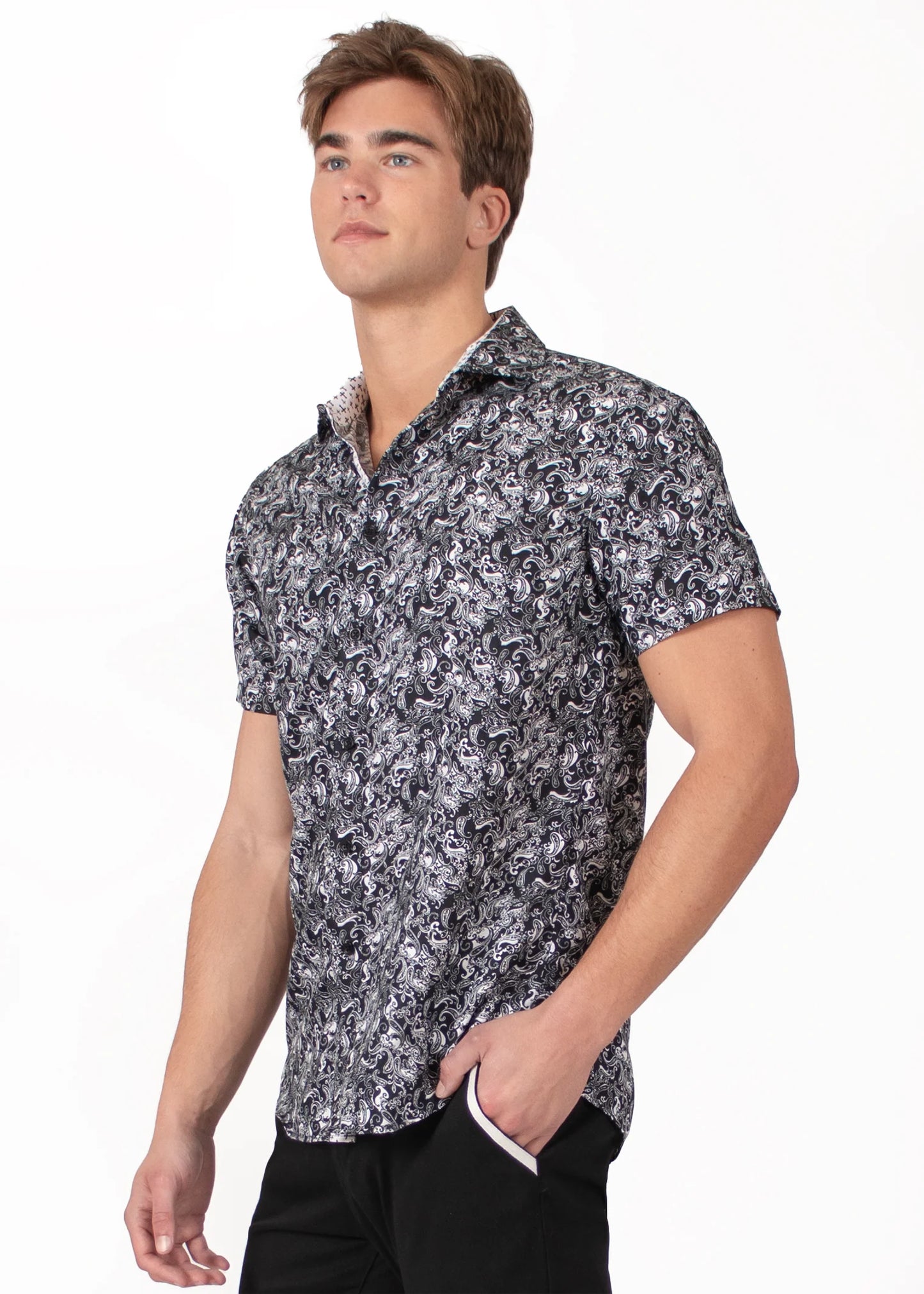 Bespoke bc collection button up dress shirt. Paisley black