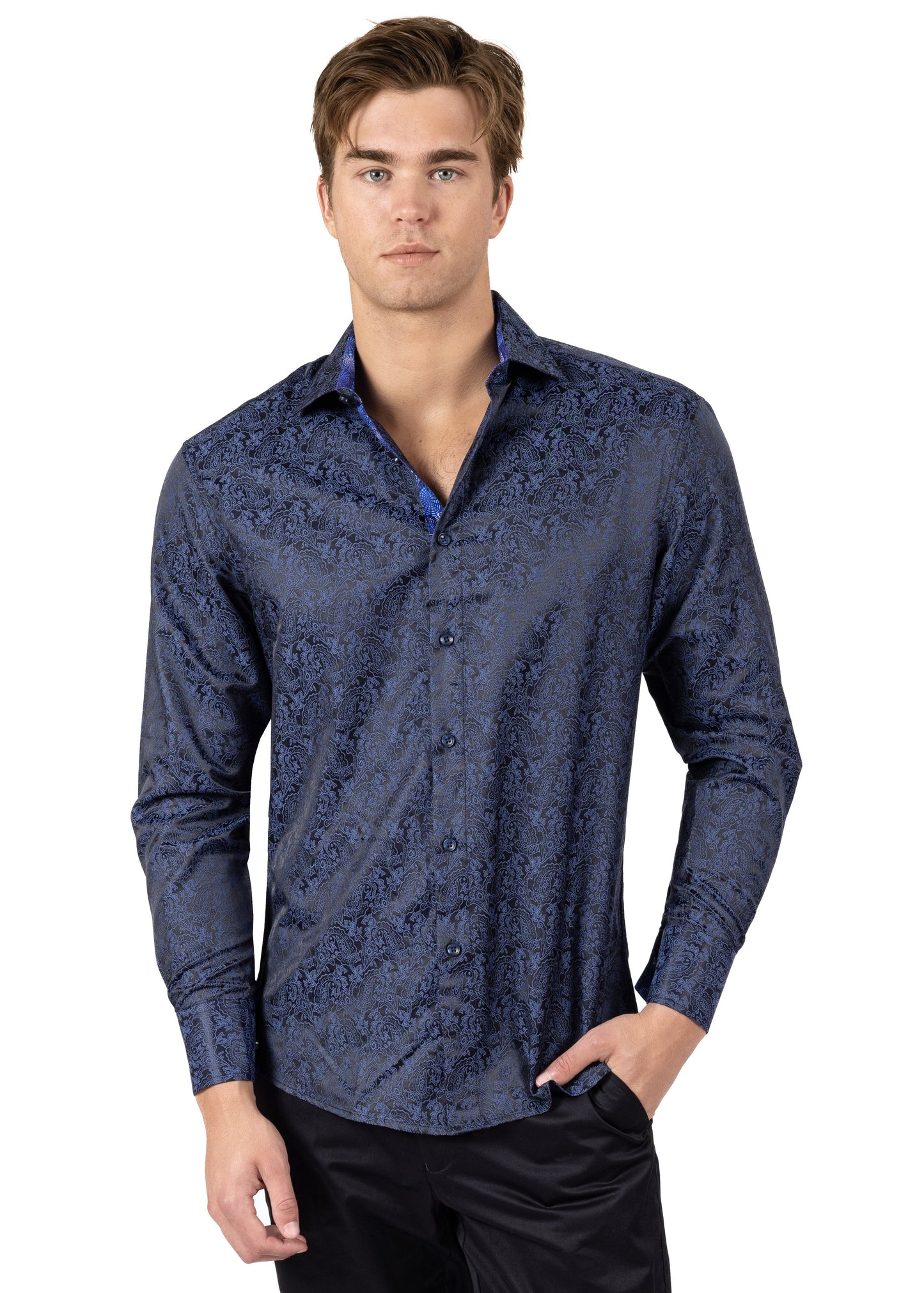 Bespoke paisley Dream Navy long sleeve button up dress dress shirt - Navy
