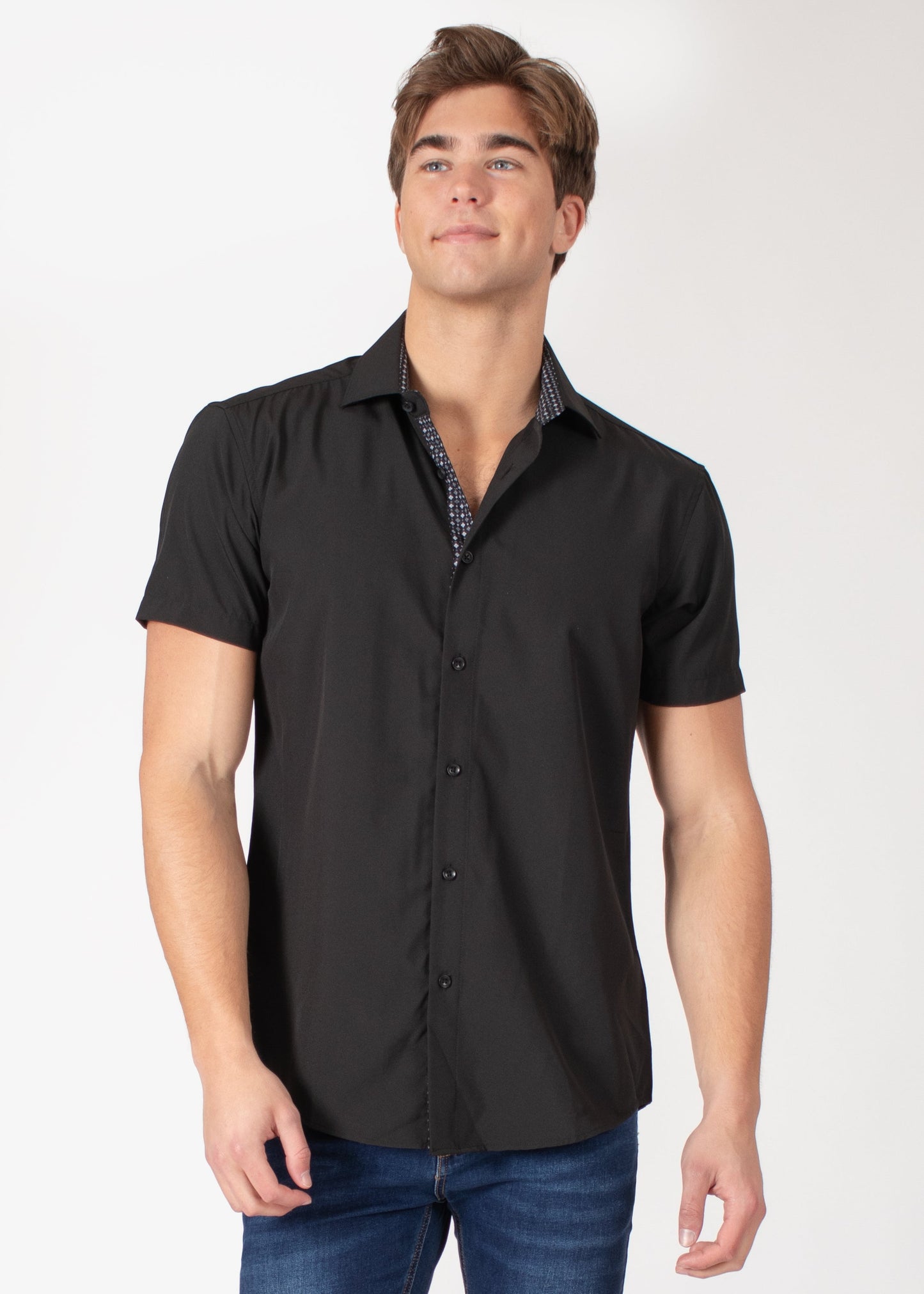 Bespoke short sleeve dress shirt. Textured collar Black