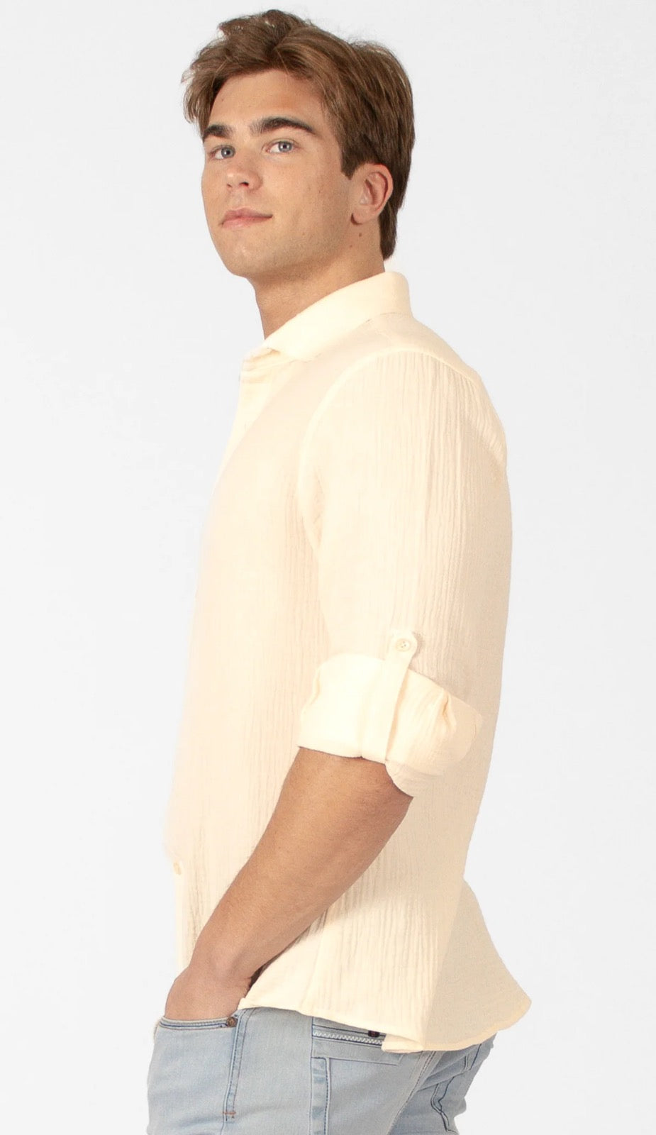 Bespoke textured cotton long sleeve button up dress shirt. Beige