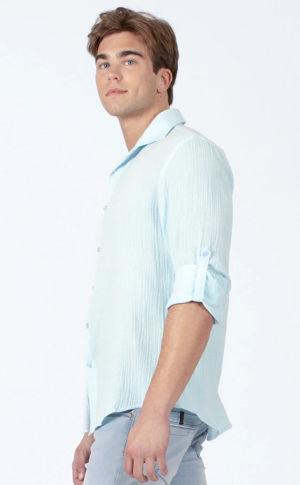Bespoke textured cotton long sleeve button up dress shirt. Aqua