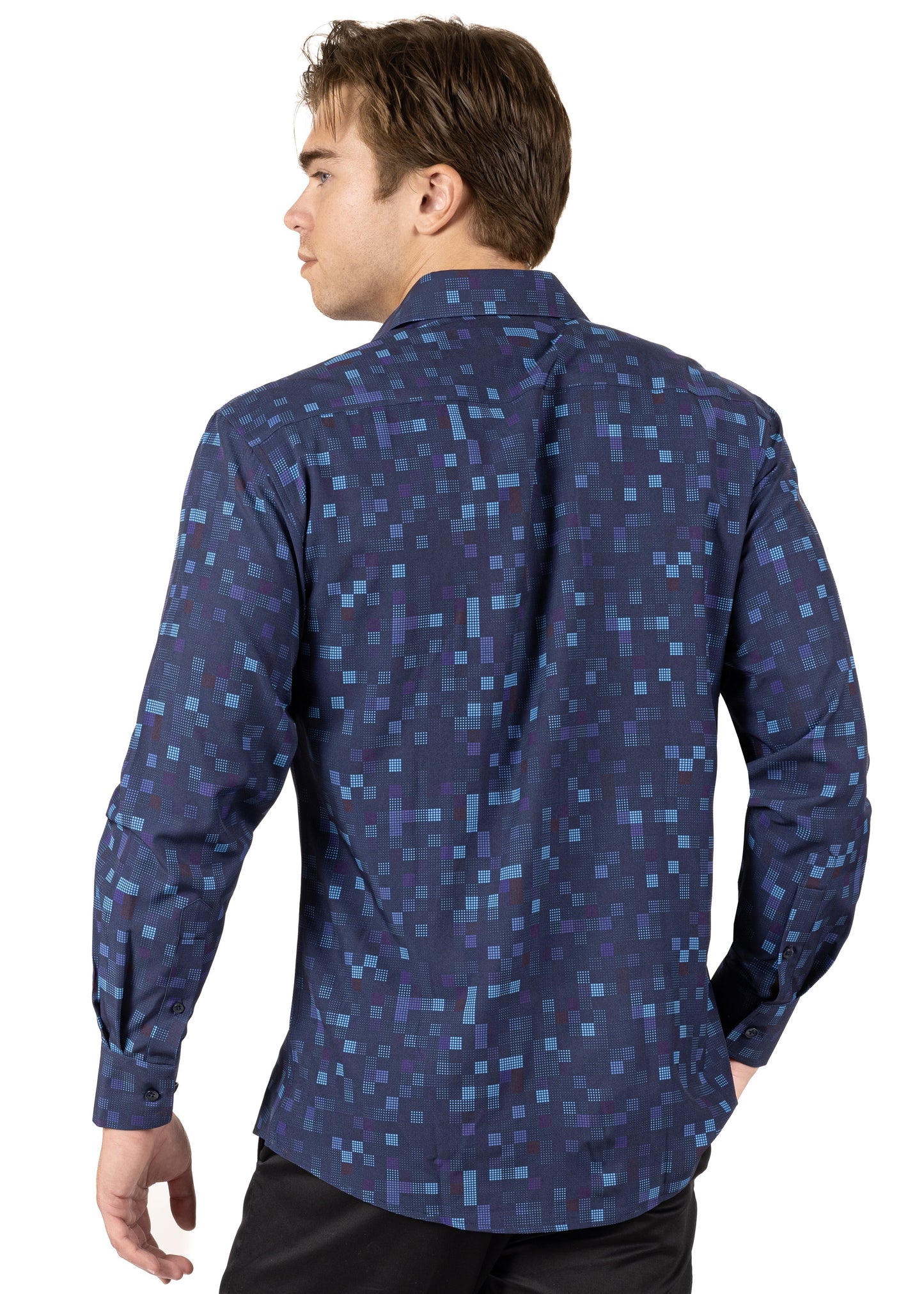 Bespoke Pixel Dots Navy long sleeve button up dress dress shirt