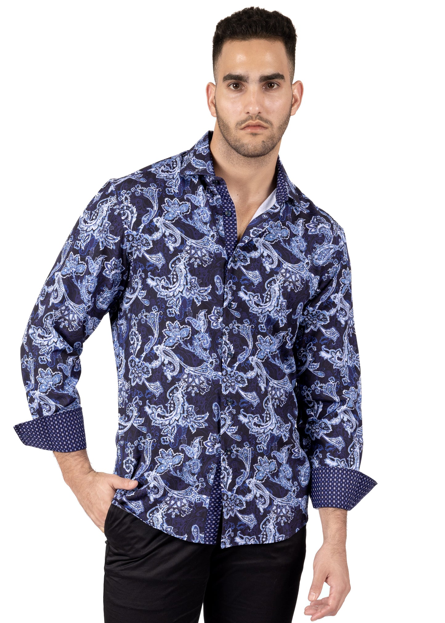 Bespoke Paisley Charm Navy long sleeve button up dress dress shirt