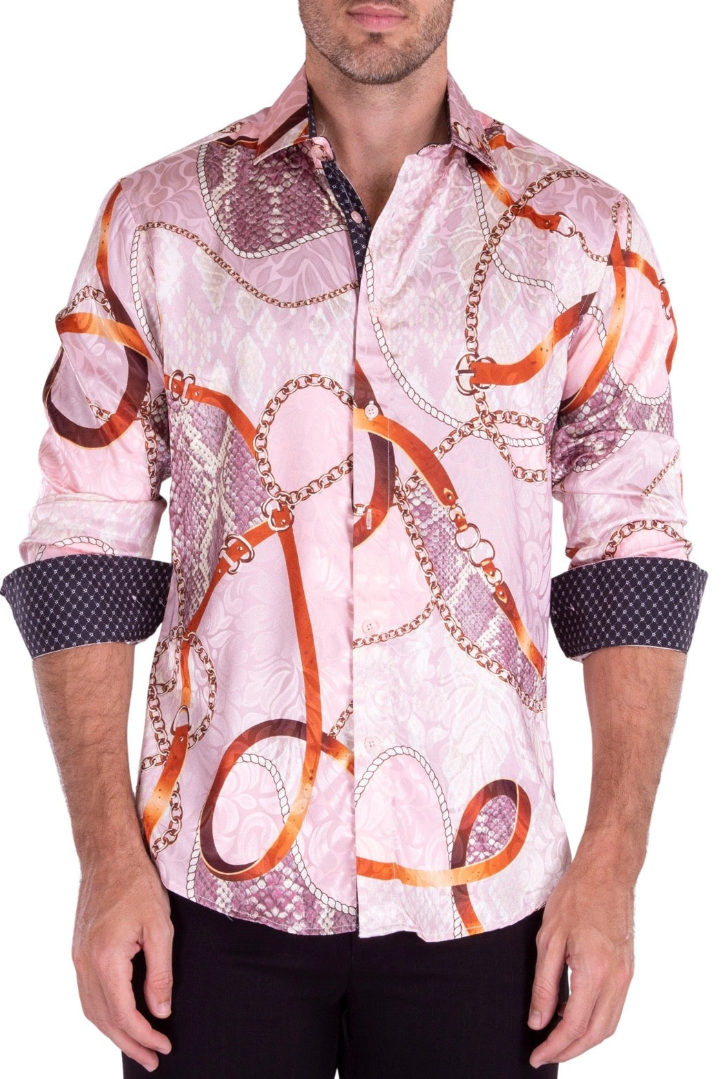 Bespoke Moda long sleeve button up dress shirt. Pink Baroque motif silk texture