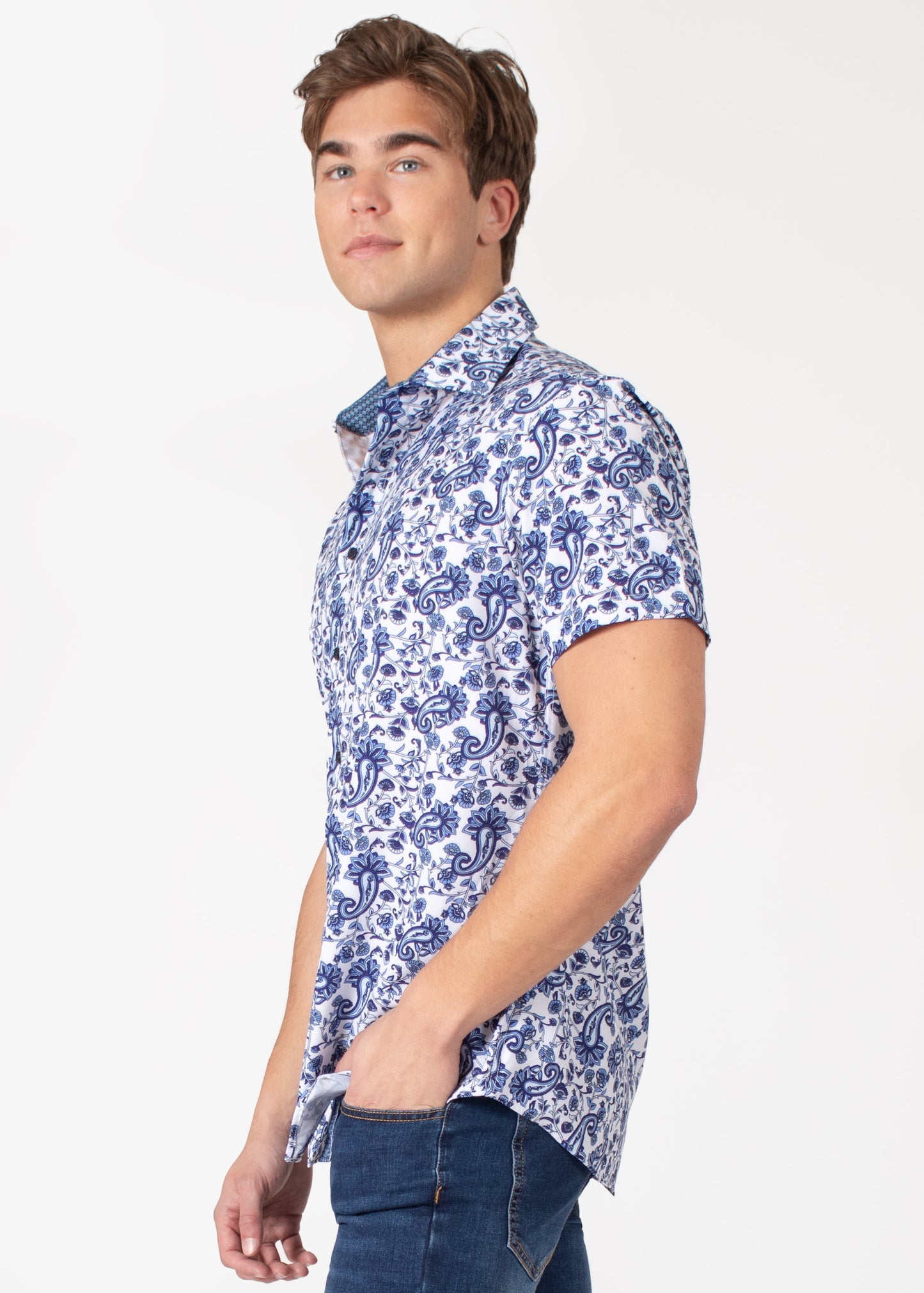 Bespoke short sleeve dress shirt. Blue paisley