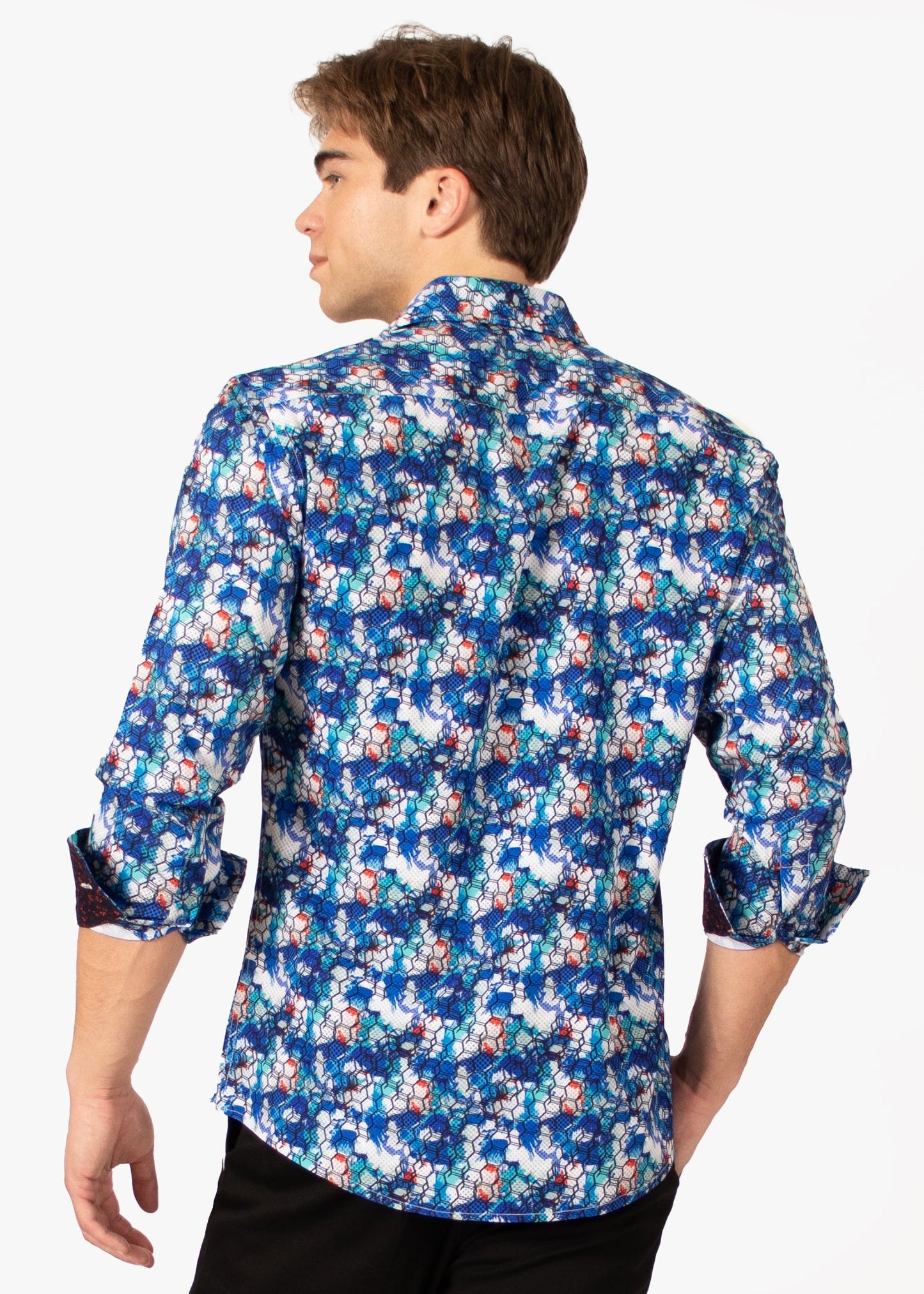 Bespoke Moda long sleeve button up dress shirt. Blue octagon