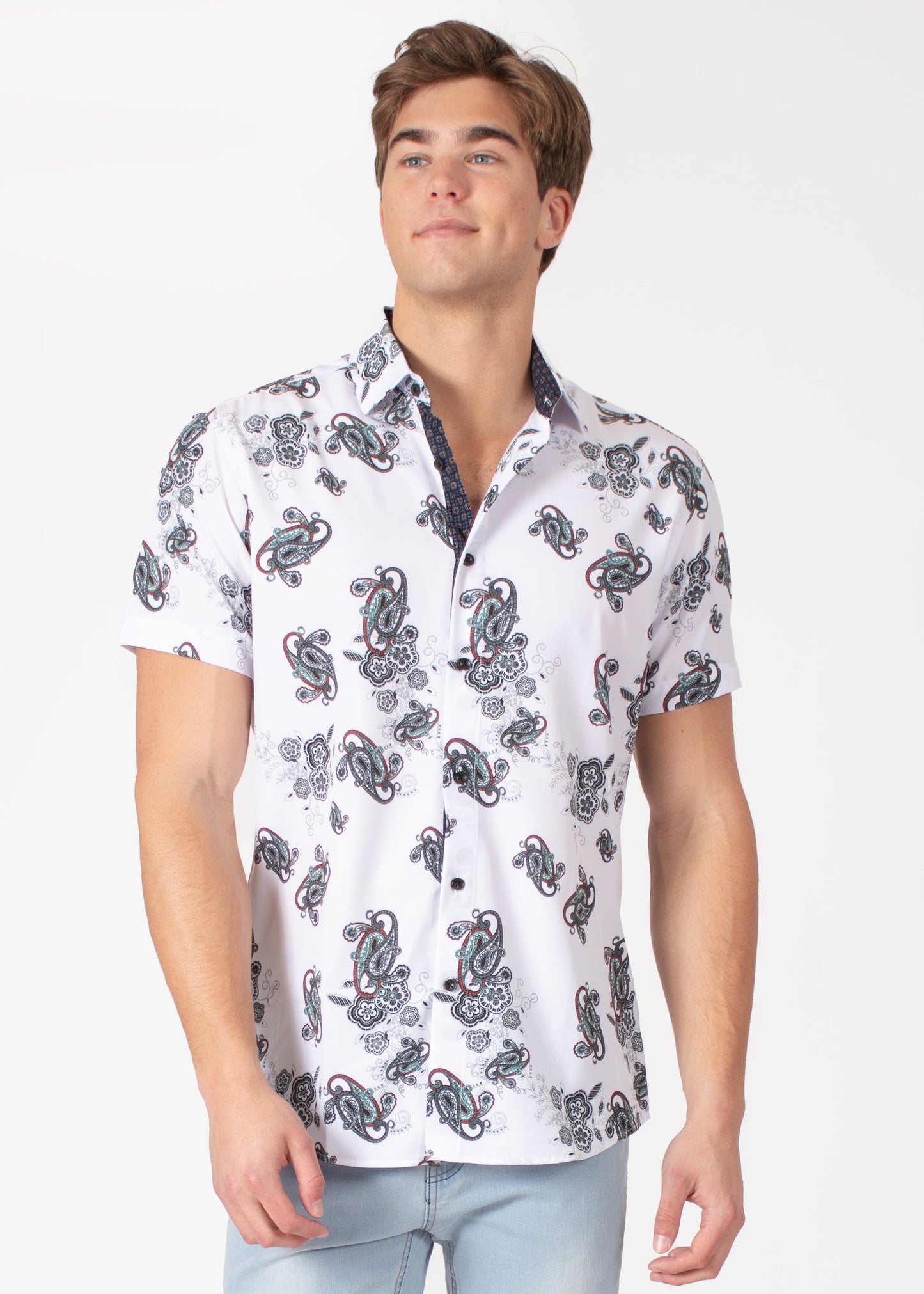 Bespoke short sleeve dress shirt. White Abstract paisley