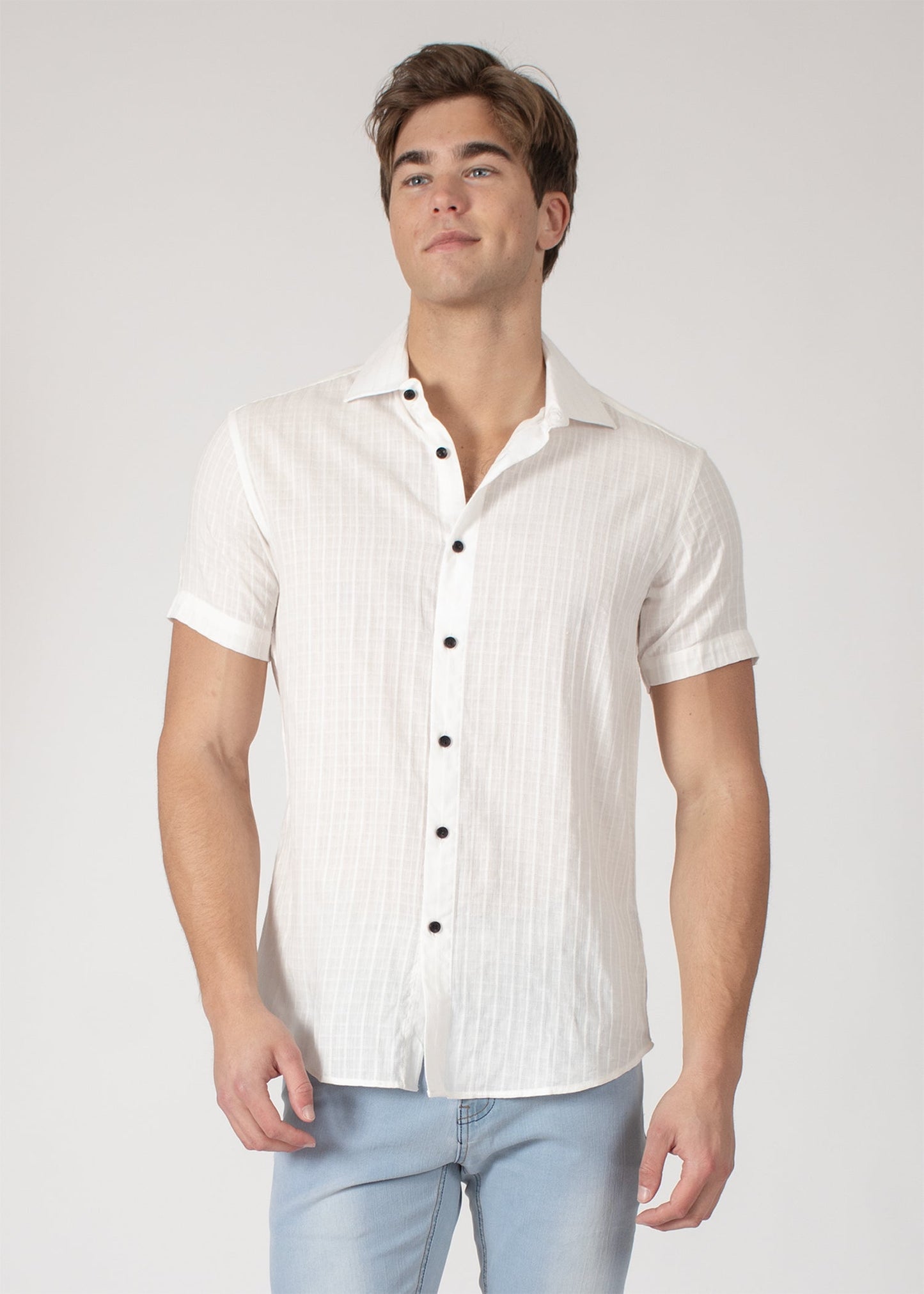 Bespoke short sleeve dress shirt. Soft stripes White