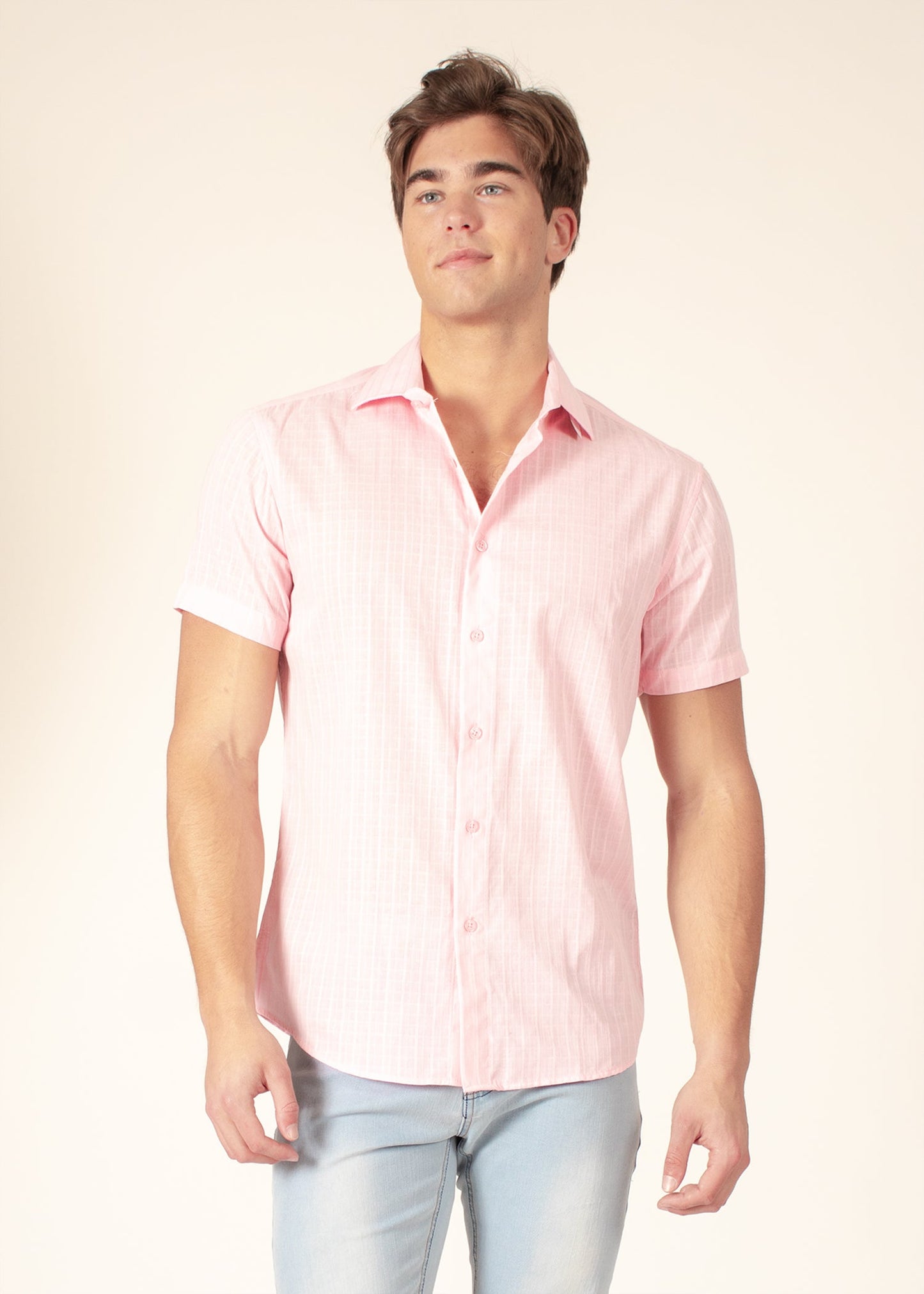 Bespoke short sleeve dress shirt. Soft stripes pink