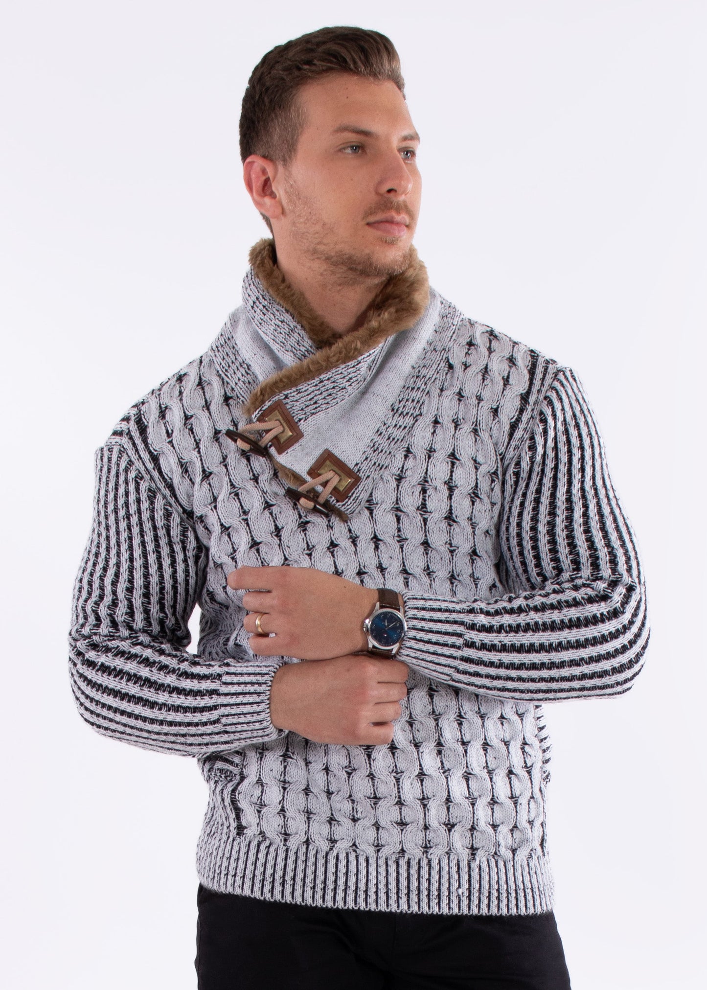Bespoke faux fur lined collar herringbone slim fit sweater - White