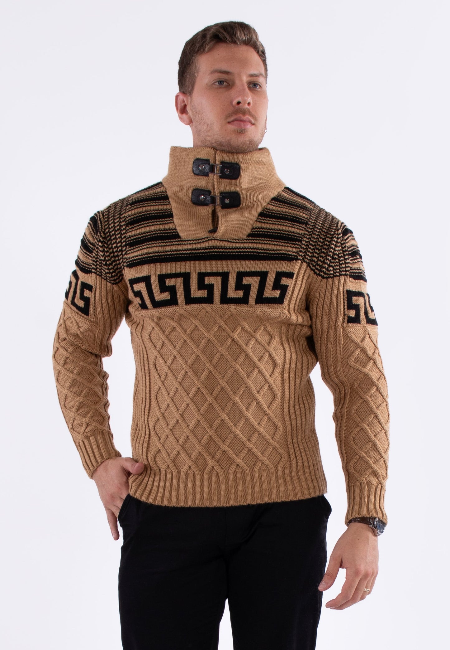 Bespoke zip collar cable knit greek key pullover slim fit sweater