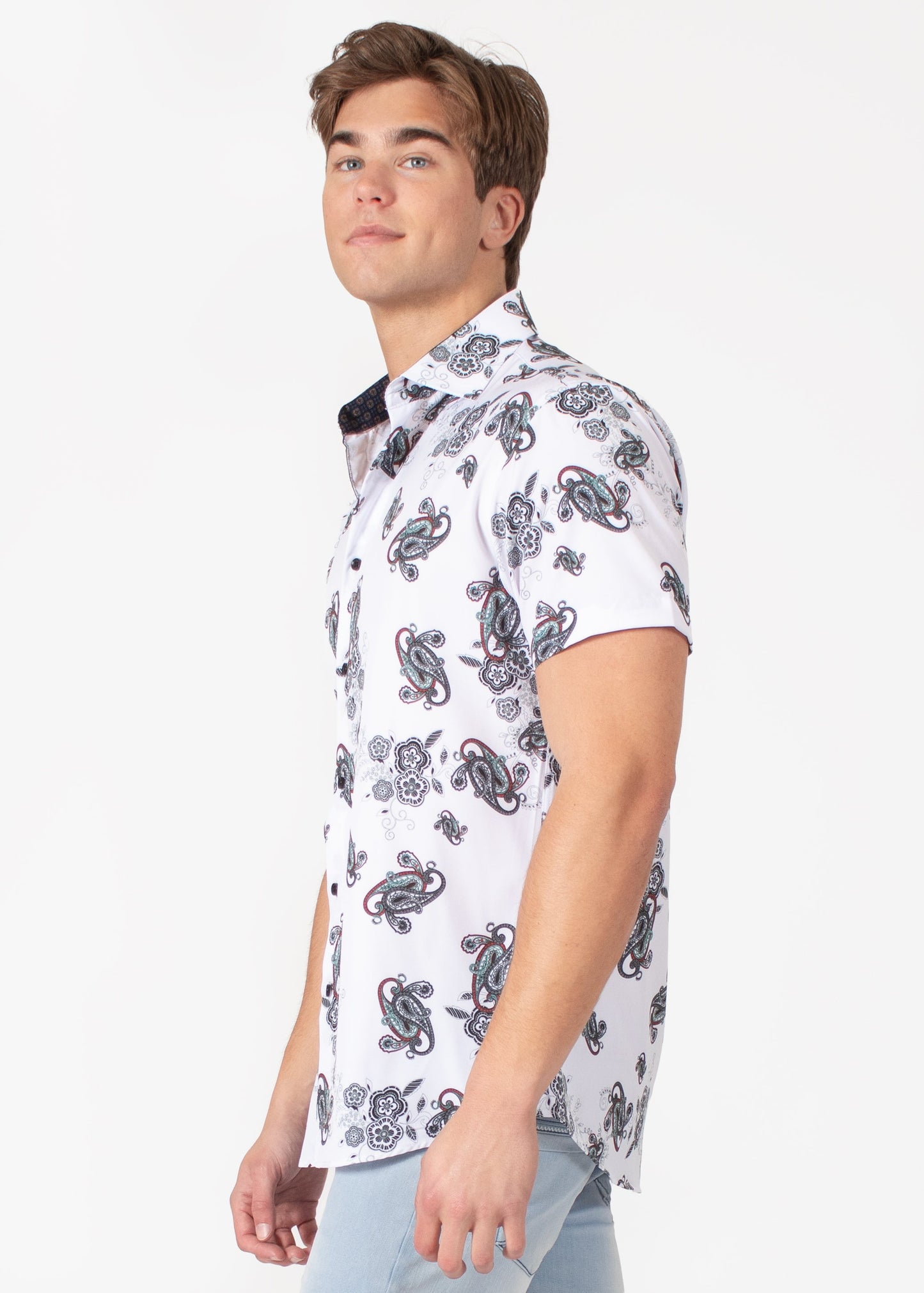 Bespoke short sleeve dress shirt. White Abstract paisley
