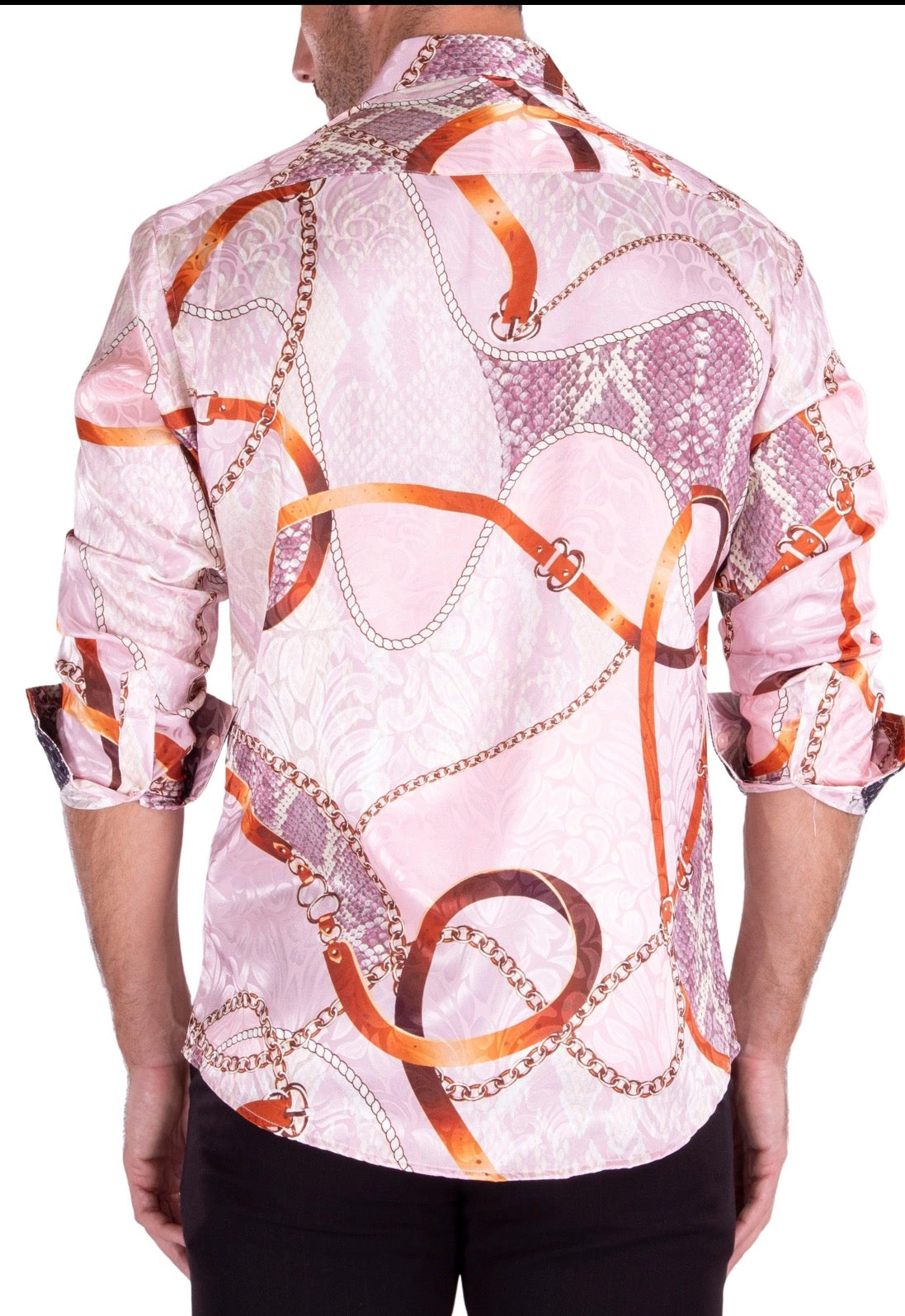 Bespoke Moda long sleeve button up dress shirt. Pink Baroque motif silk texture