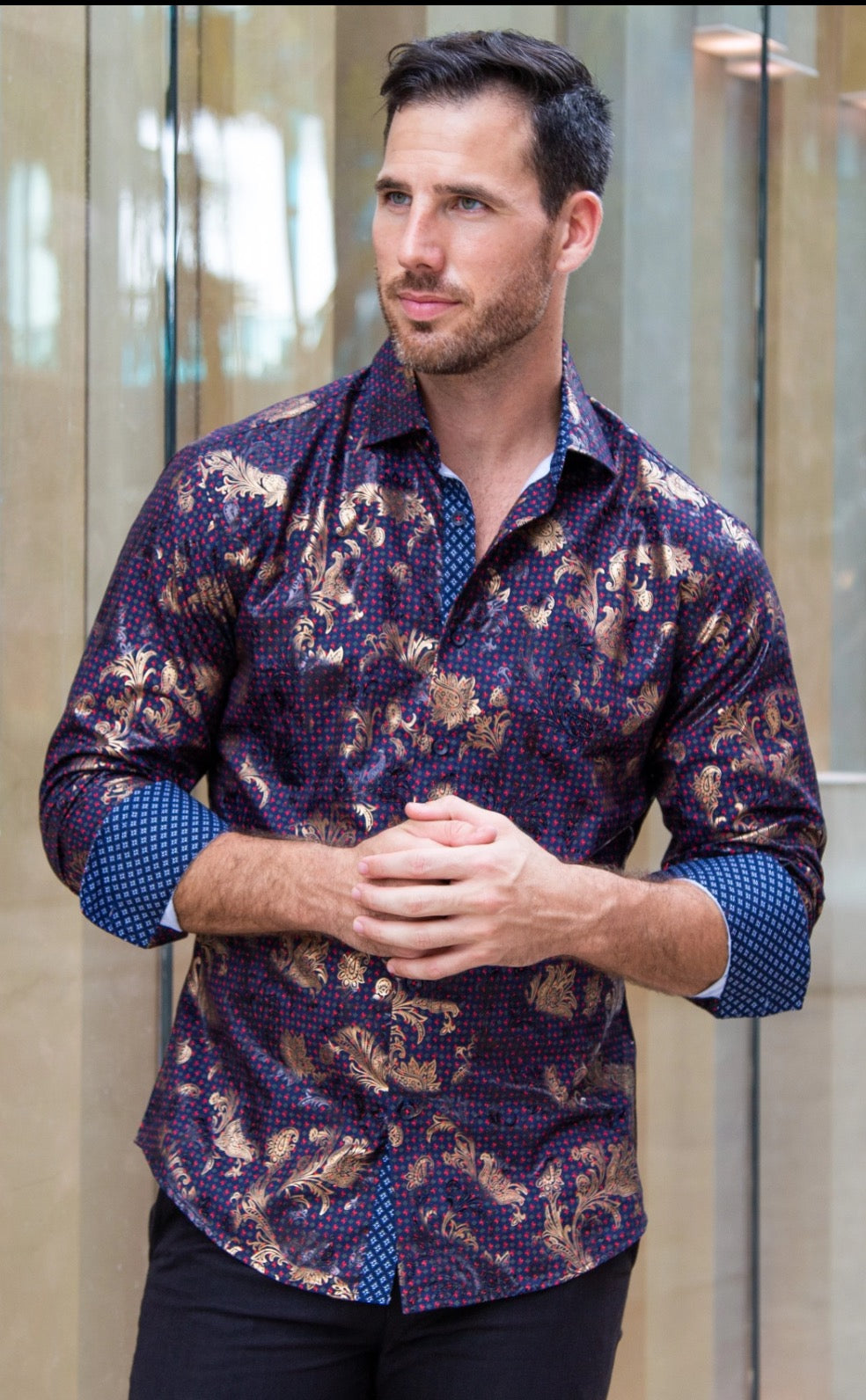 Bespoke Moda long sleeve button up dress shirt. Geo metalic floral