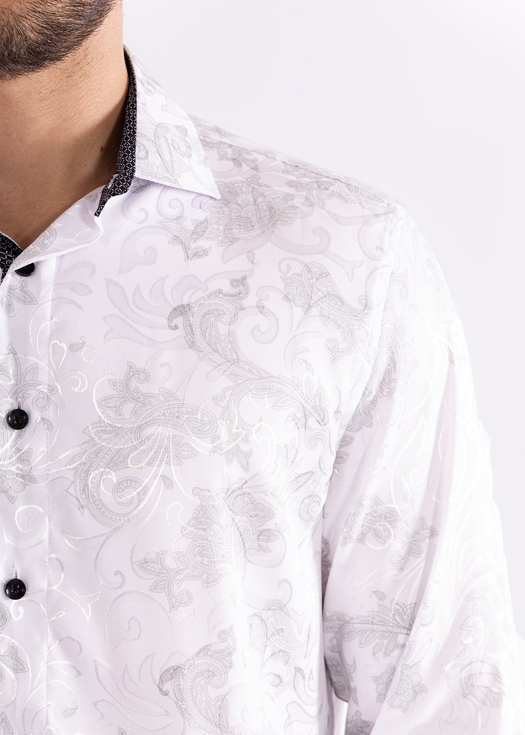 Bespoke Moda long sleeve button up dress shirt. White shiny paisley smudge