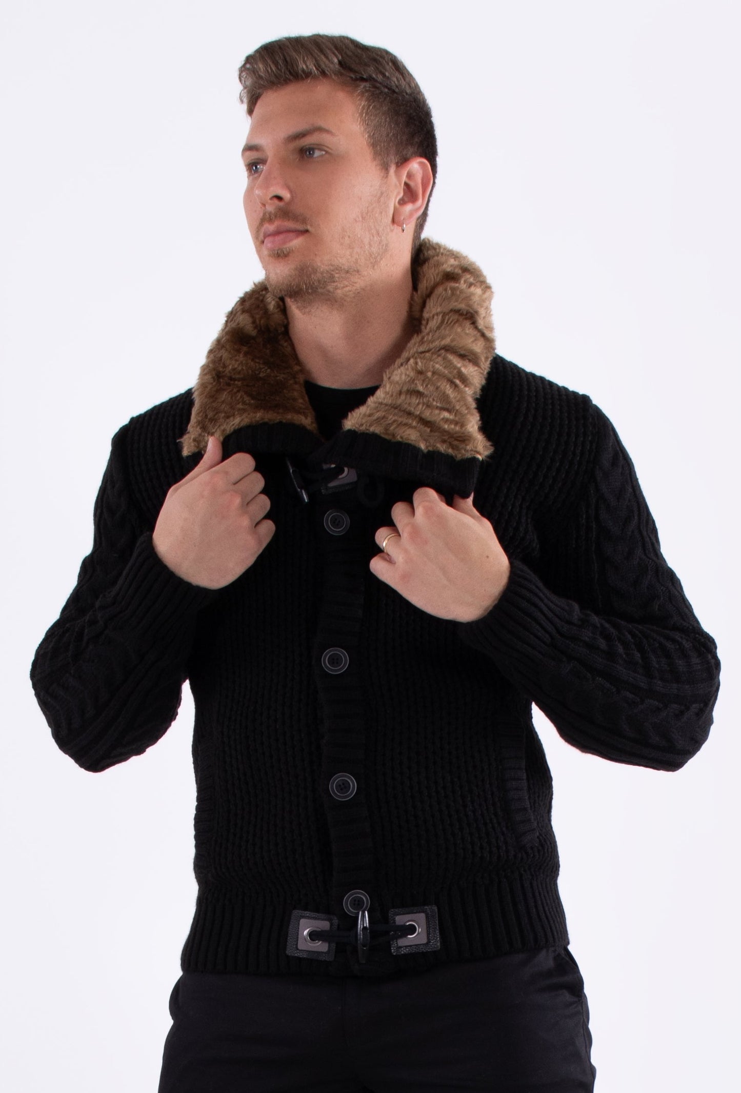 Bespoke Faux fur-lined collar button up slim fit sweater