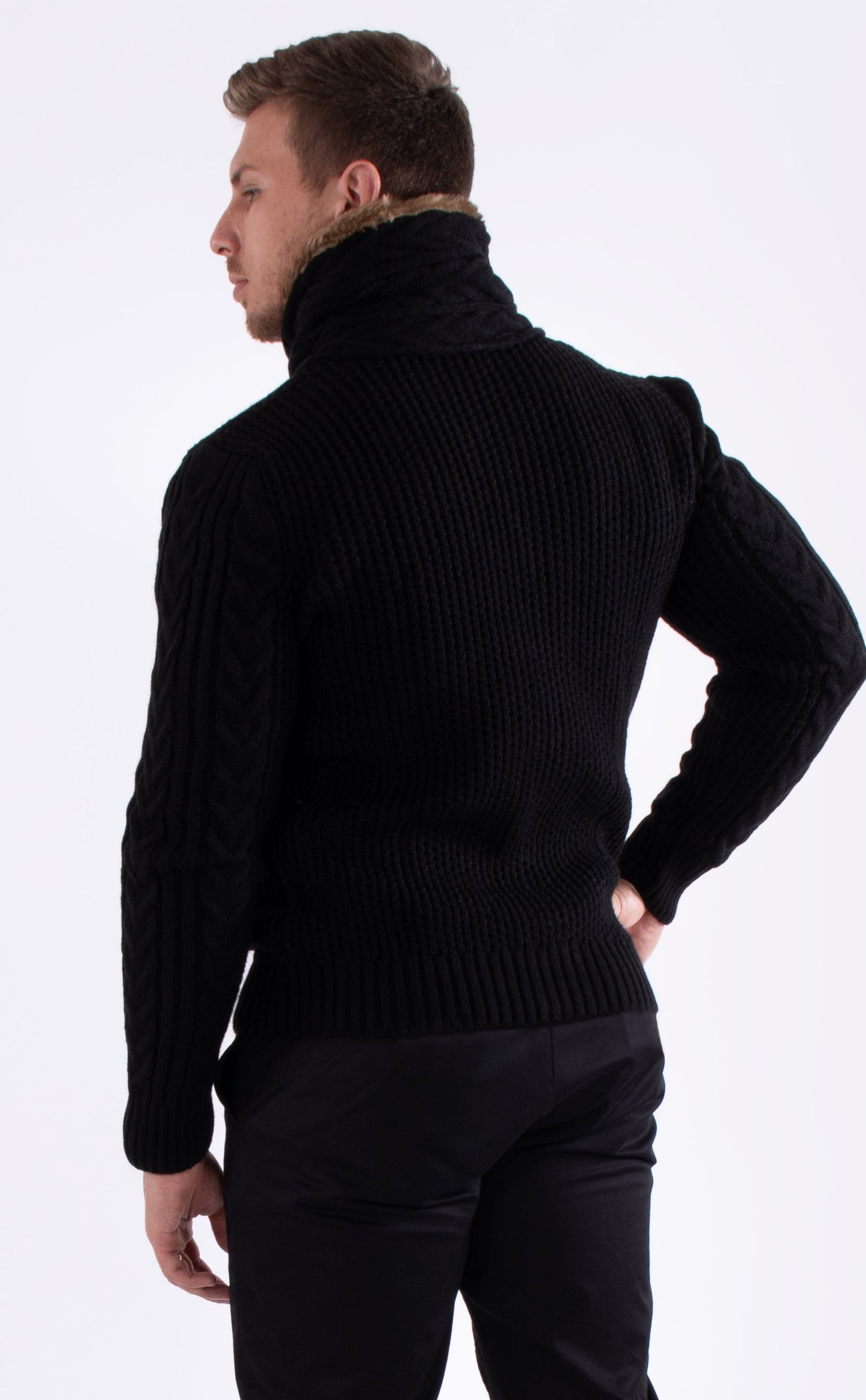 Bespoke Faux fur-lined collar button up slim fit sweater