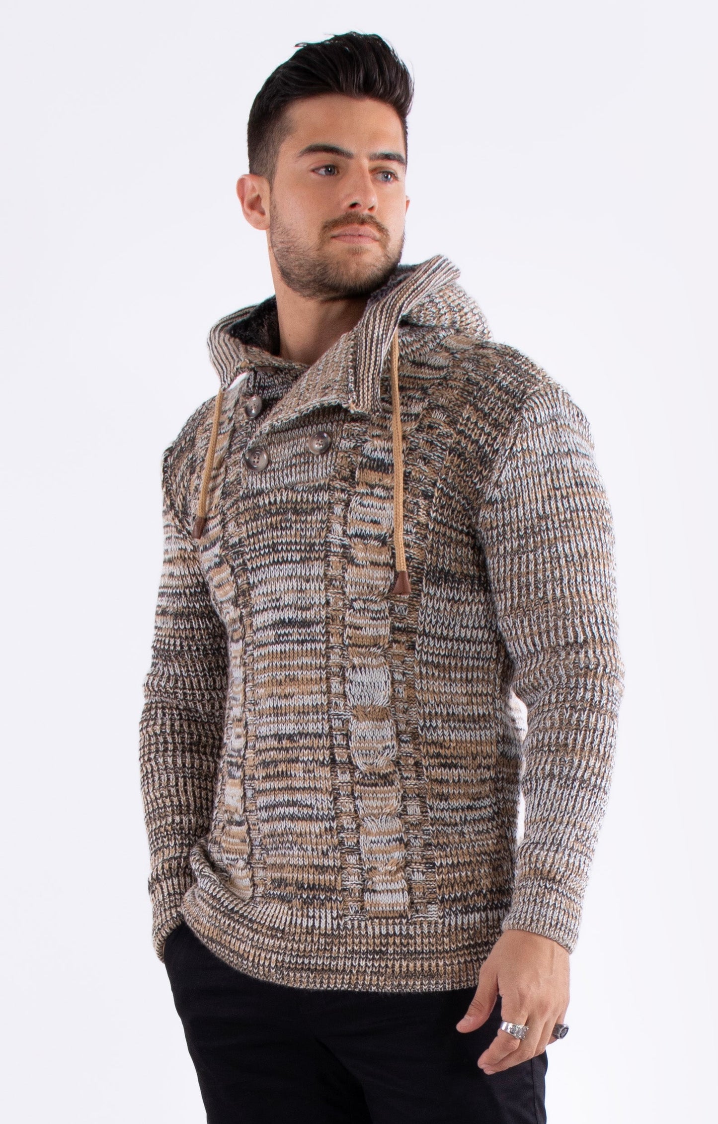 Bespoke Ribbed knit faux fur hooded pullover slim fit sweater - Beige