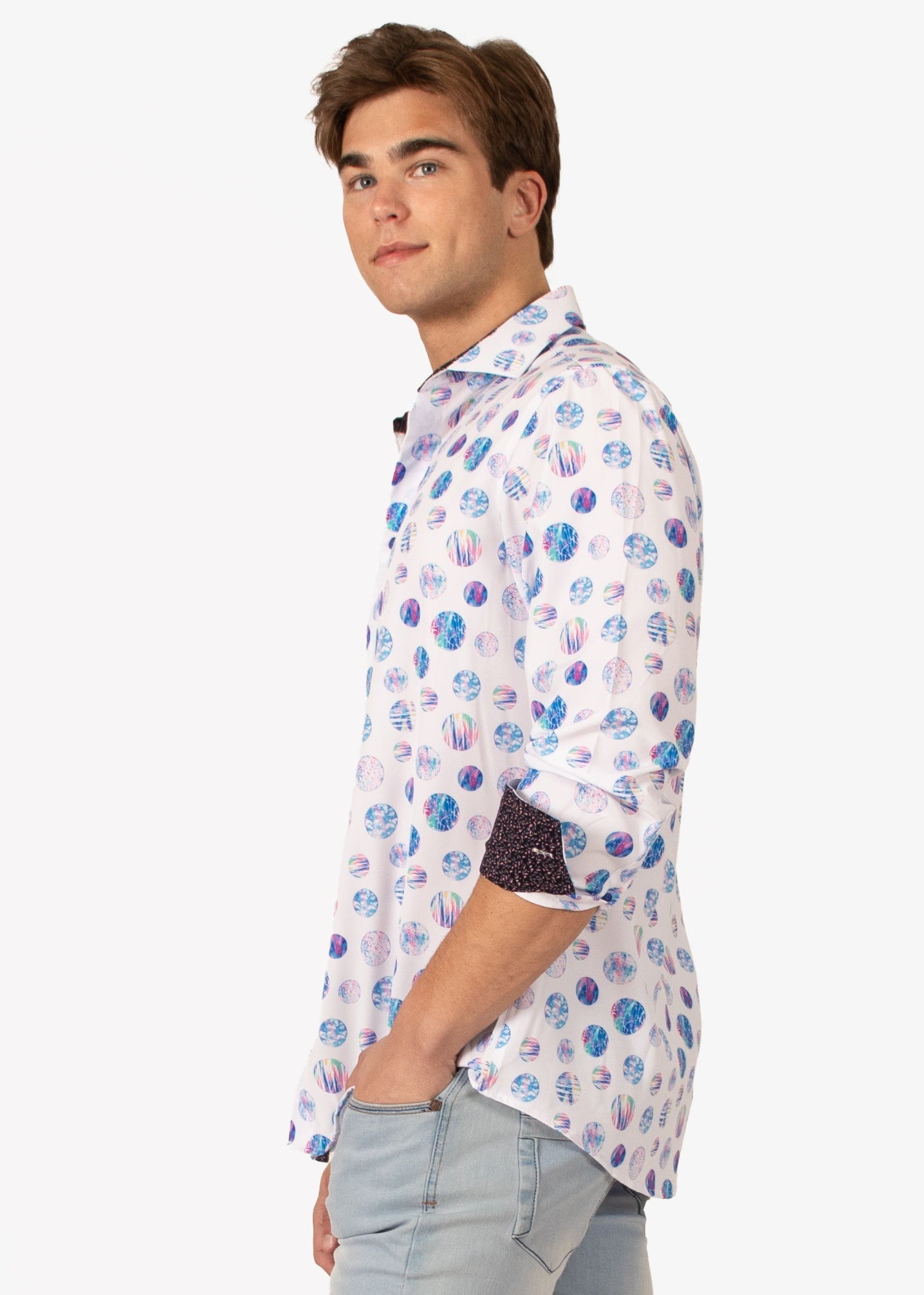 Bespoke Moda long sleeve button up dress shirt. Circles white