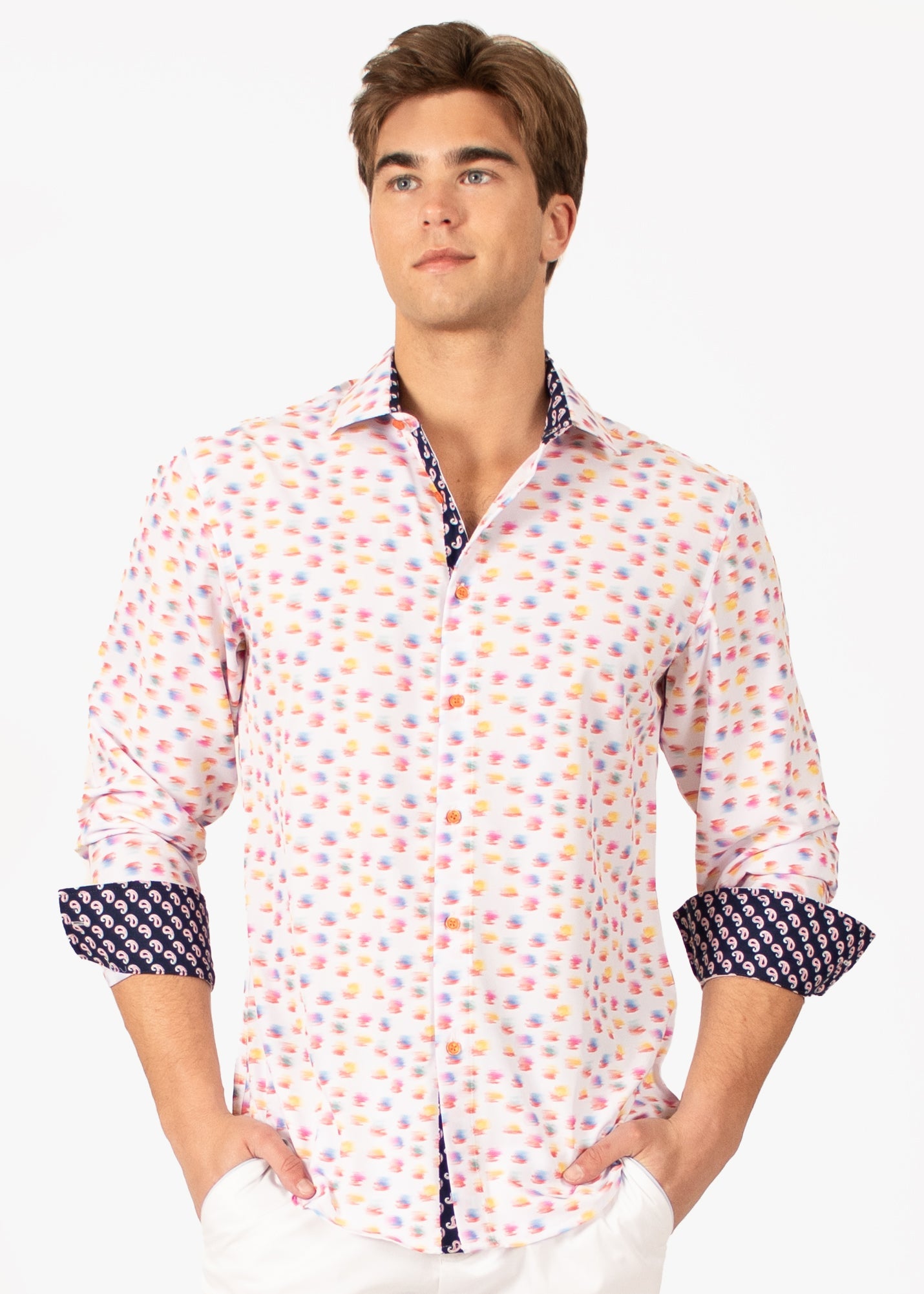 Bespoke Moda long sleeve button up dress shirt. Brushed multi