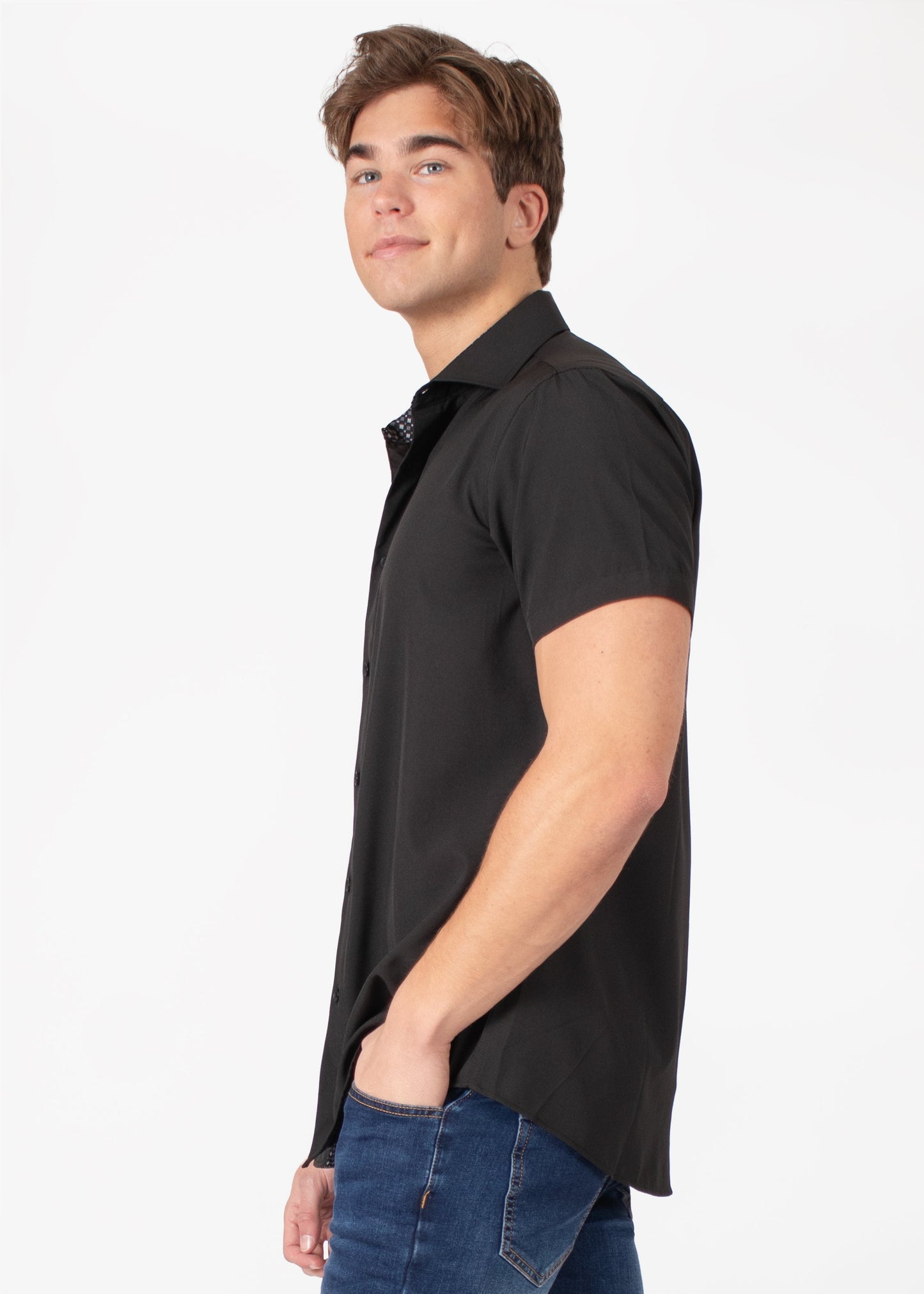Bespoke short sleeve dress shirt. Textured collar Black